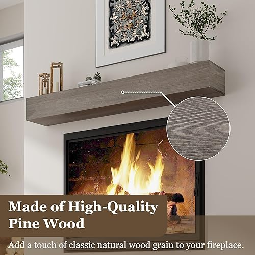 Miniatura 3 de Mantel de chimenea  Estantes flotantes de madera de 60 pulgadas de ancho  Viga hueca envejecida hecha a mano  Estantería de madera montada en la