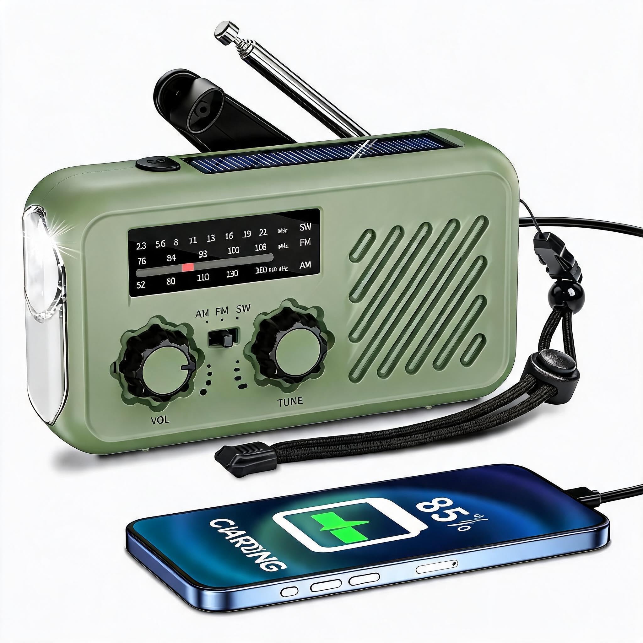 Kurbelradio Notfallradio mit 2000 mAh Power Bank – 3-Wege-Ladung (Solar/Handkurbel/USB), AM/FM/SW, SOS-Alarm & LED-Licht, Tragbares Survival Radio für Stromausfall, Camping & Wohnmobil (Grün)