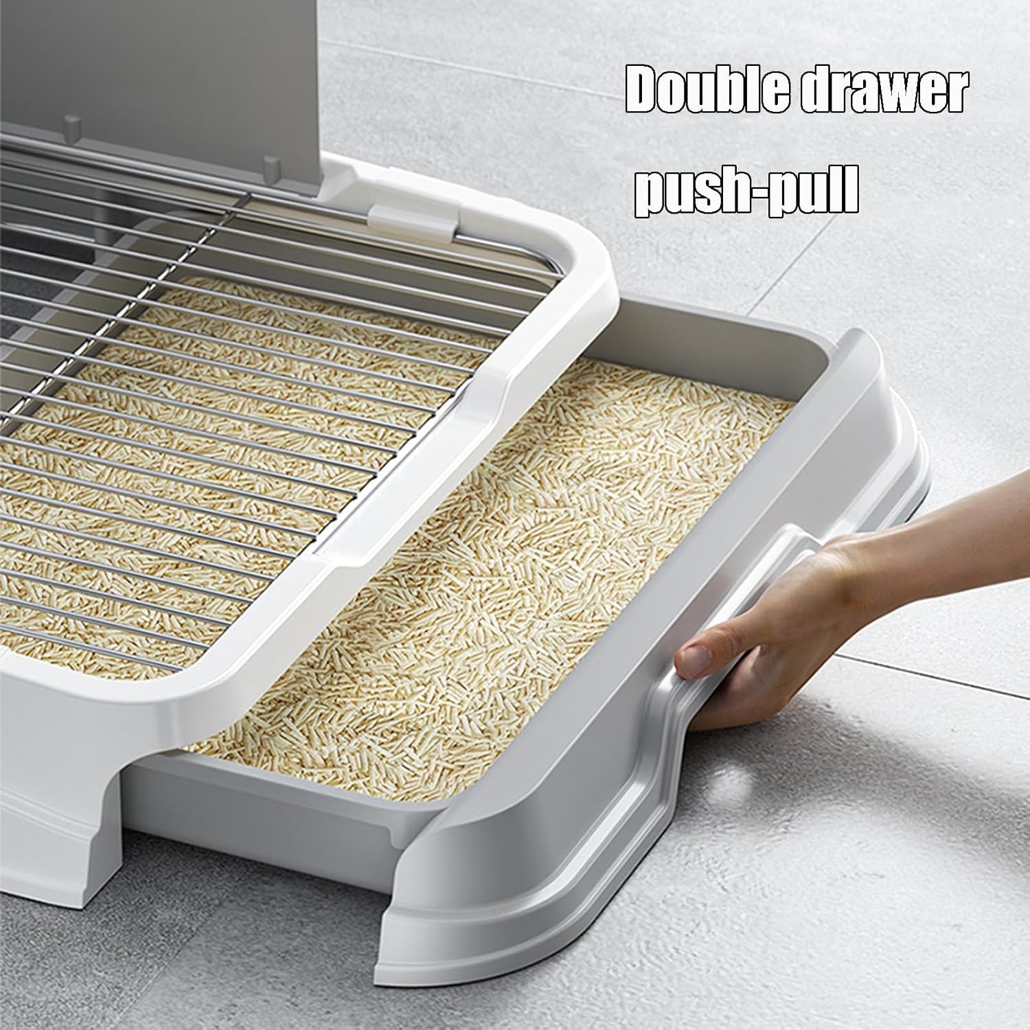 Double-drawer Dog Potty Six-point Non-slip Feet Dog Toilet Easy to Clean Three Sides of the Raised Fence with Stainless Steel Mesh Frame with Dog Litter/urine Pads Dual-use(51x46x27cm/20.1x18.1x10.6")