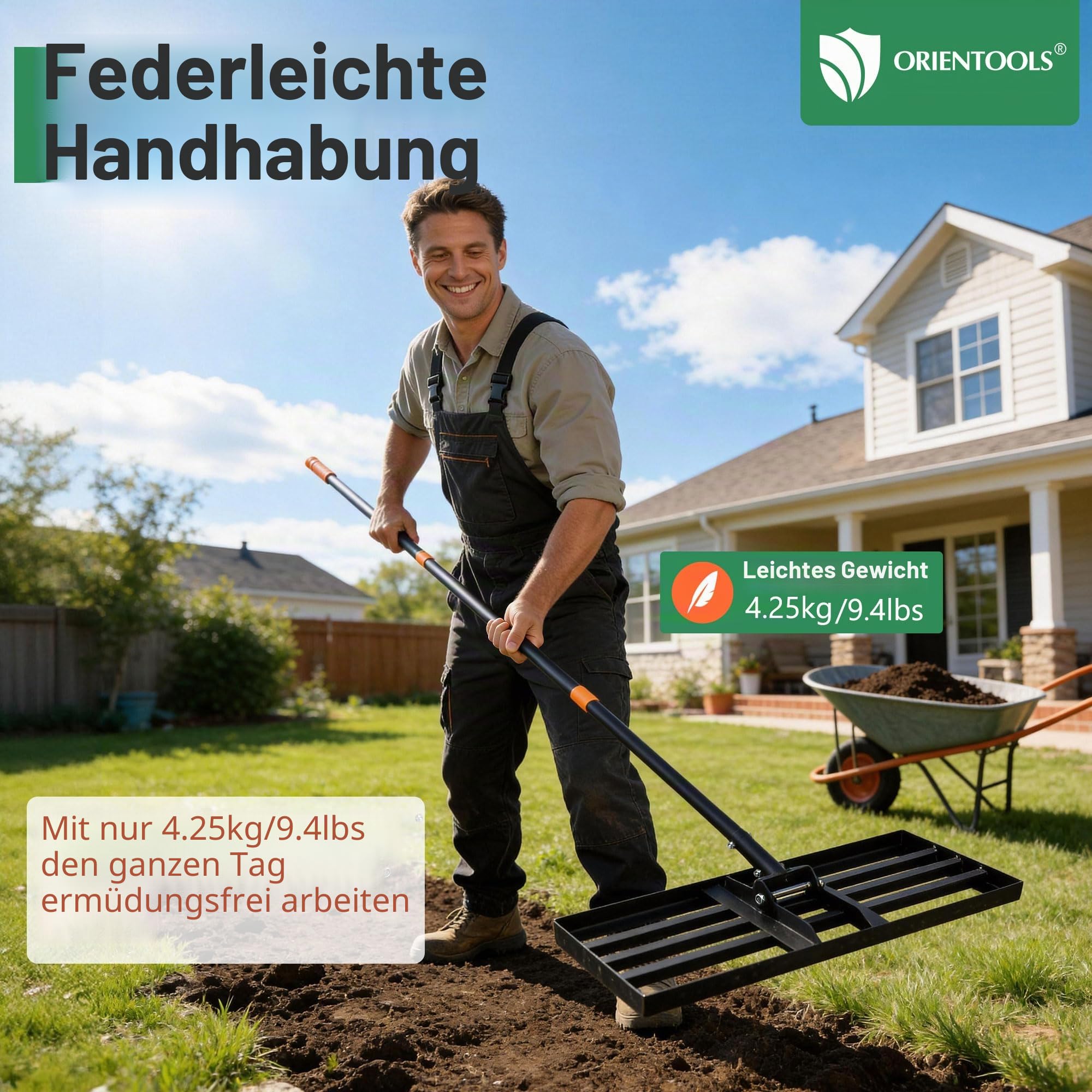 ORIENTOOLS Edelstahl Nivellierrechen 75x25 cm 206 cm verstellbarer Stiel