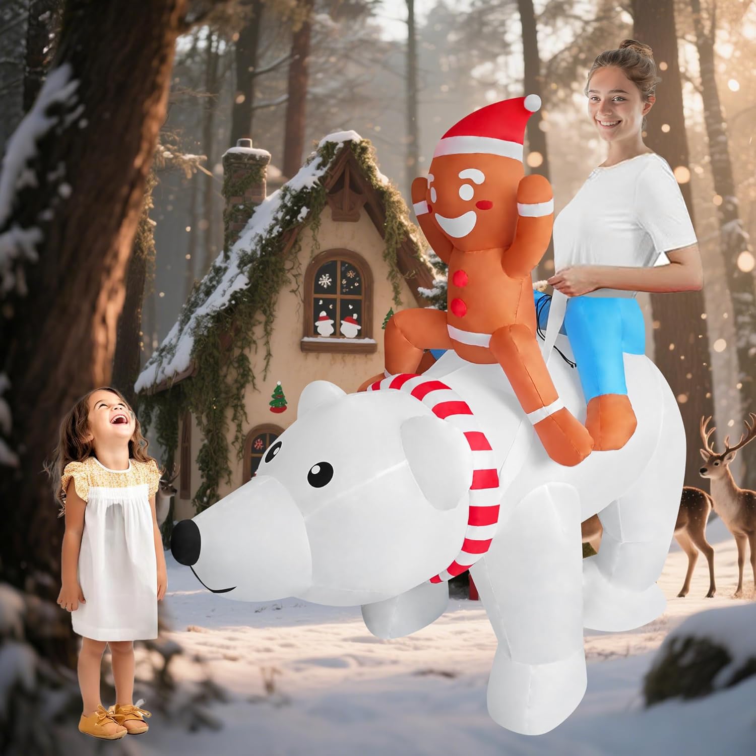 Funny Inflatable Gingerbread Man Riding On Polar Bear Costume Blow-Up Outfit for Adult/Christmas Parade/Halloween - Image 8