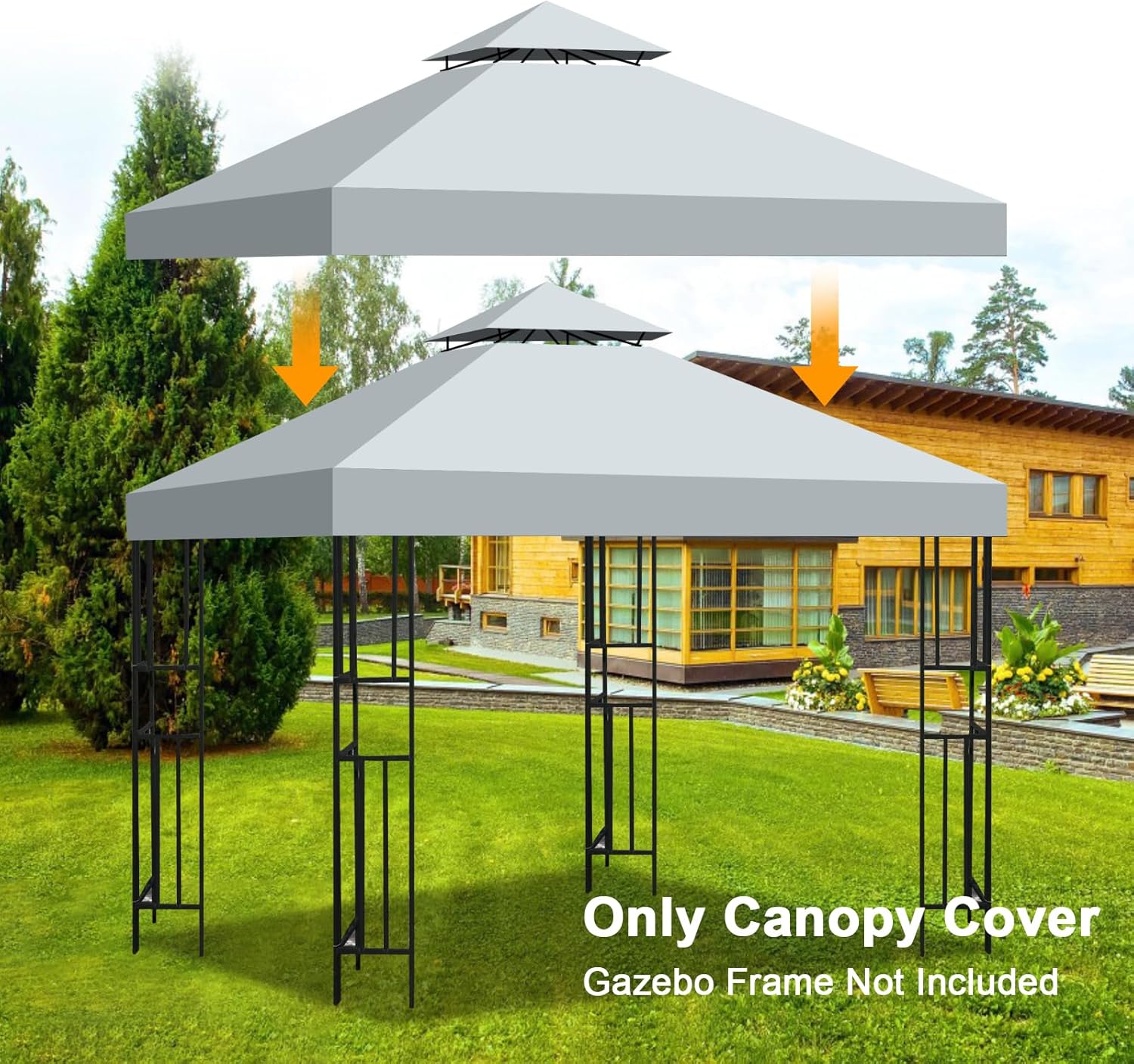 10x10 Gazebo Replacement Canopy, Heavy Duty 300D Polyester Waterproof Outdoor Gazebo Roof for Patio Garden (Grey, Flat Edge)