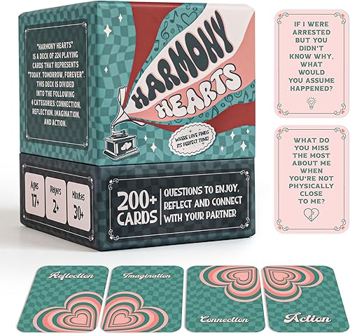 Harmony Hearts - Juegos de cartas para pareja para una cita nocturna, 224 tarjetas de citas para conversación profunda, regalos románticos para