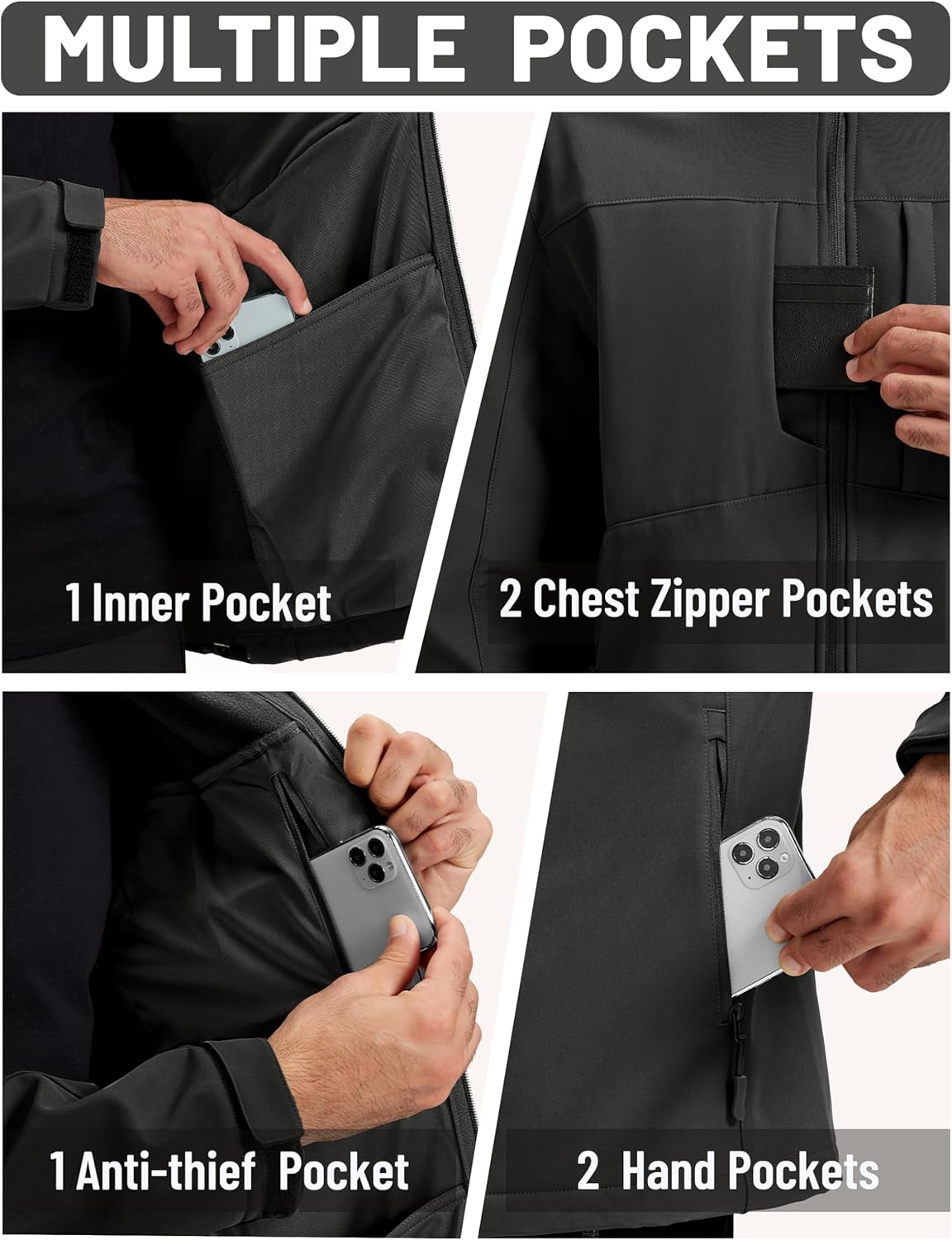 TACVASEN Men's Softshell Jacket with Hood Waterproof Fleece Coat Winter Windbreaker Lightweight Rain Jackets - Image 5