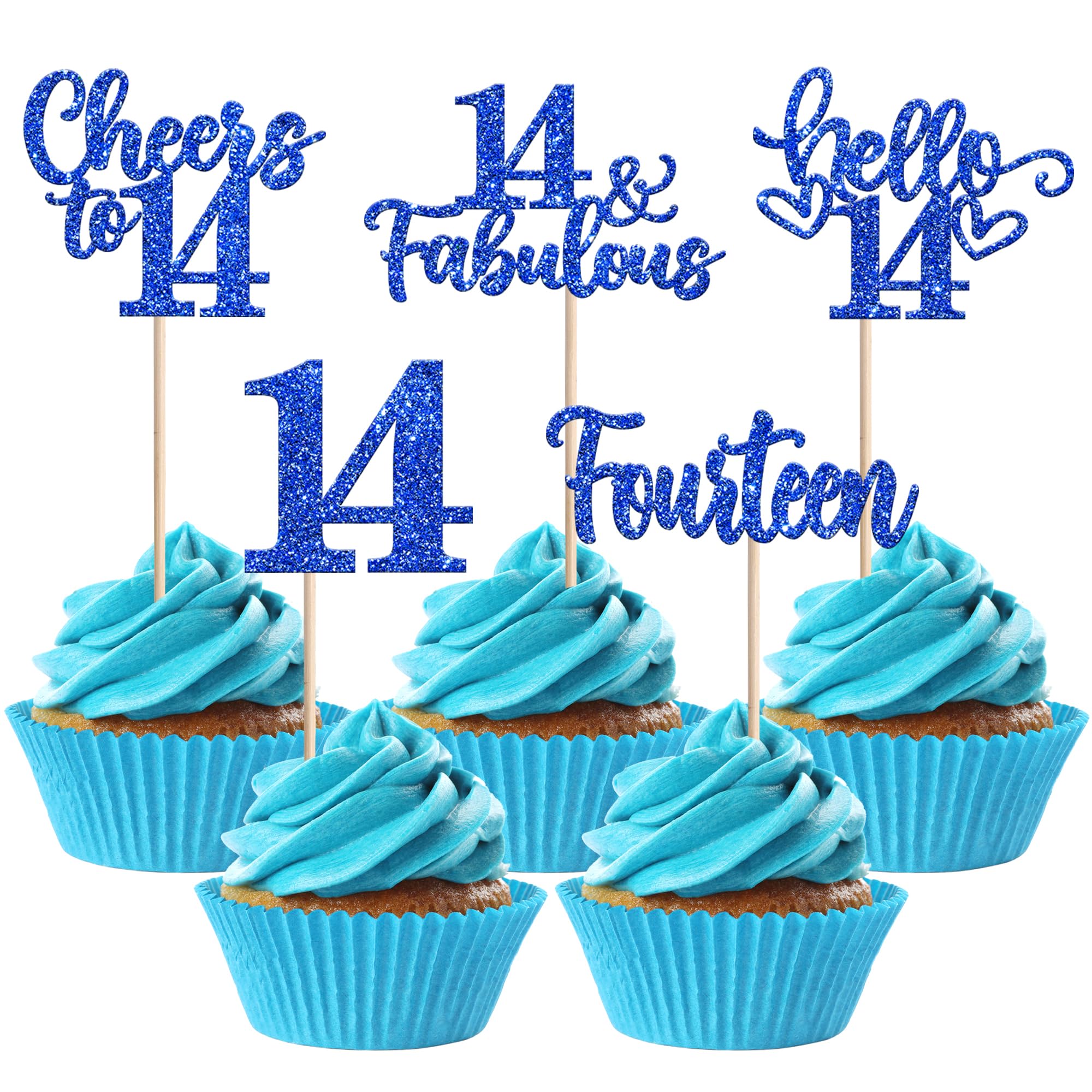 30 PCS Happy 14th Birthday Cupcake Toppers Glitter Fourteen Hello 14 Cheers to 14 Years Cupcake Picks 14 & Fabulous Cake Decorations for 14th Birthday