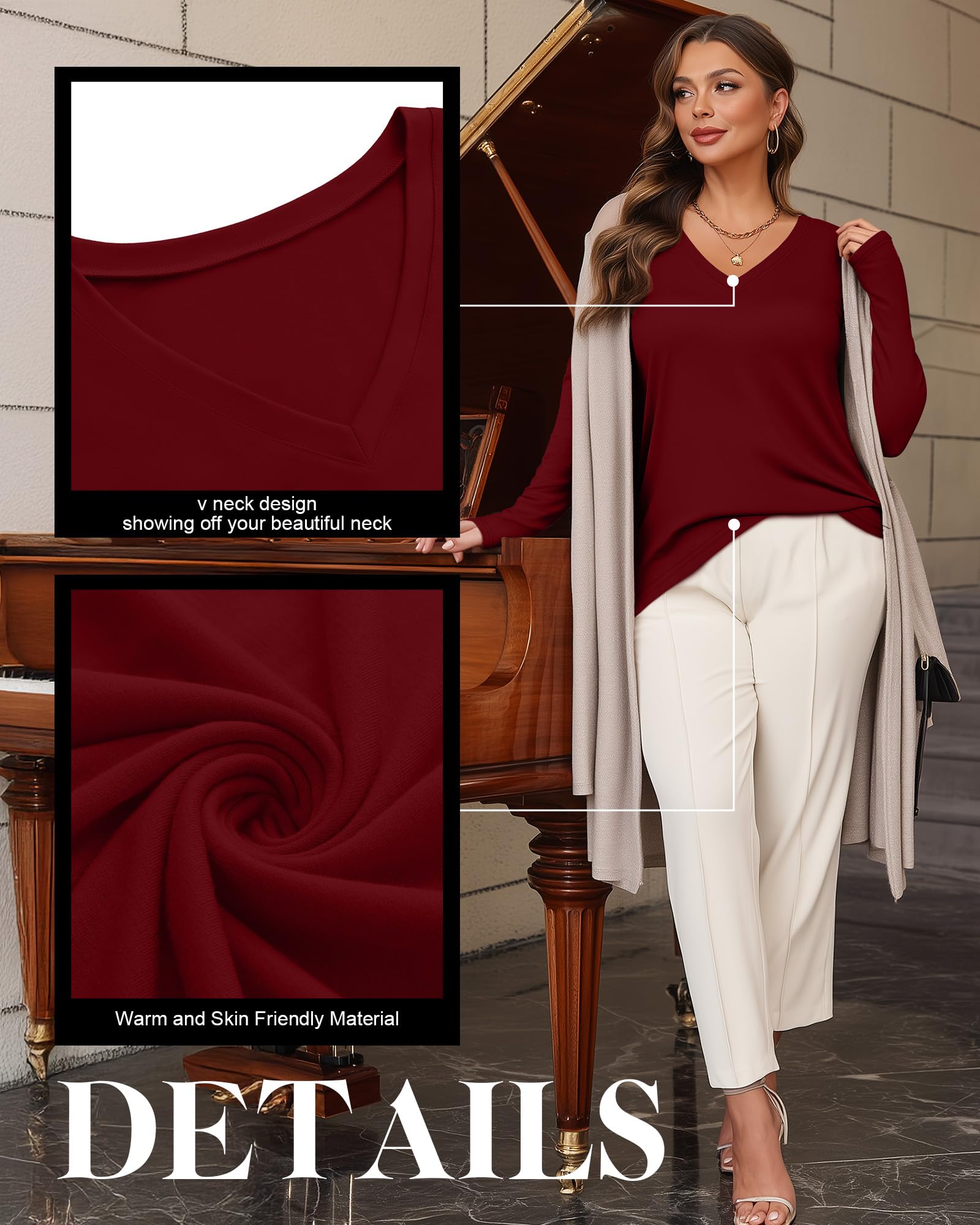 Riyiper 3er-Pack Damen Große Größen V-Ausschnitt Langarmshirts