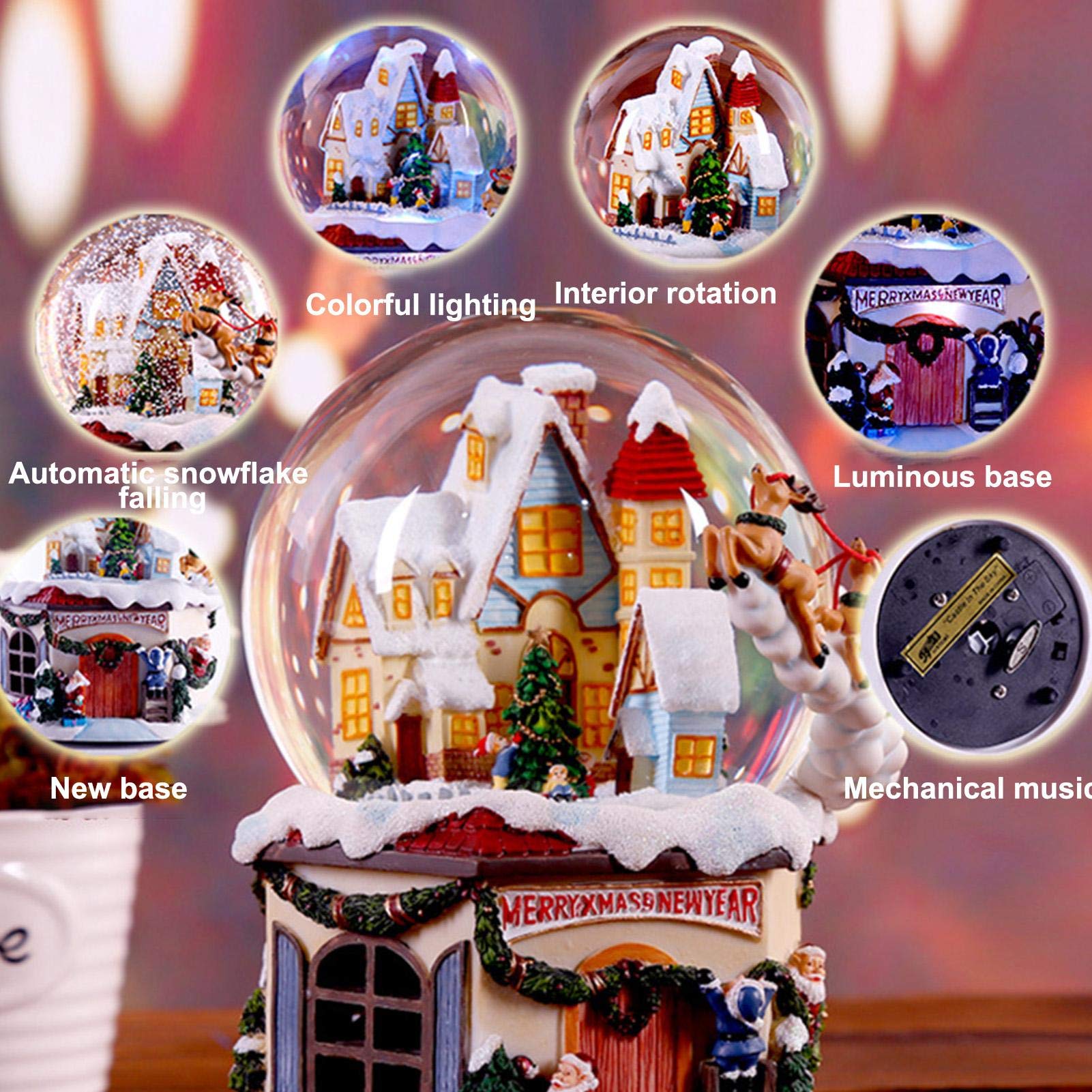 Carillon con Sfera di Natale, Cervo Volante con Casa di Neve di Natale, Palla di Neve Luminosa in Resina Girevole