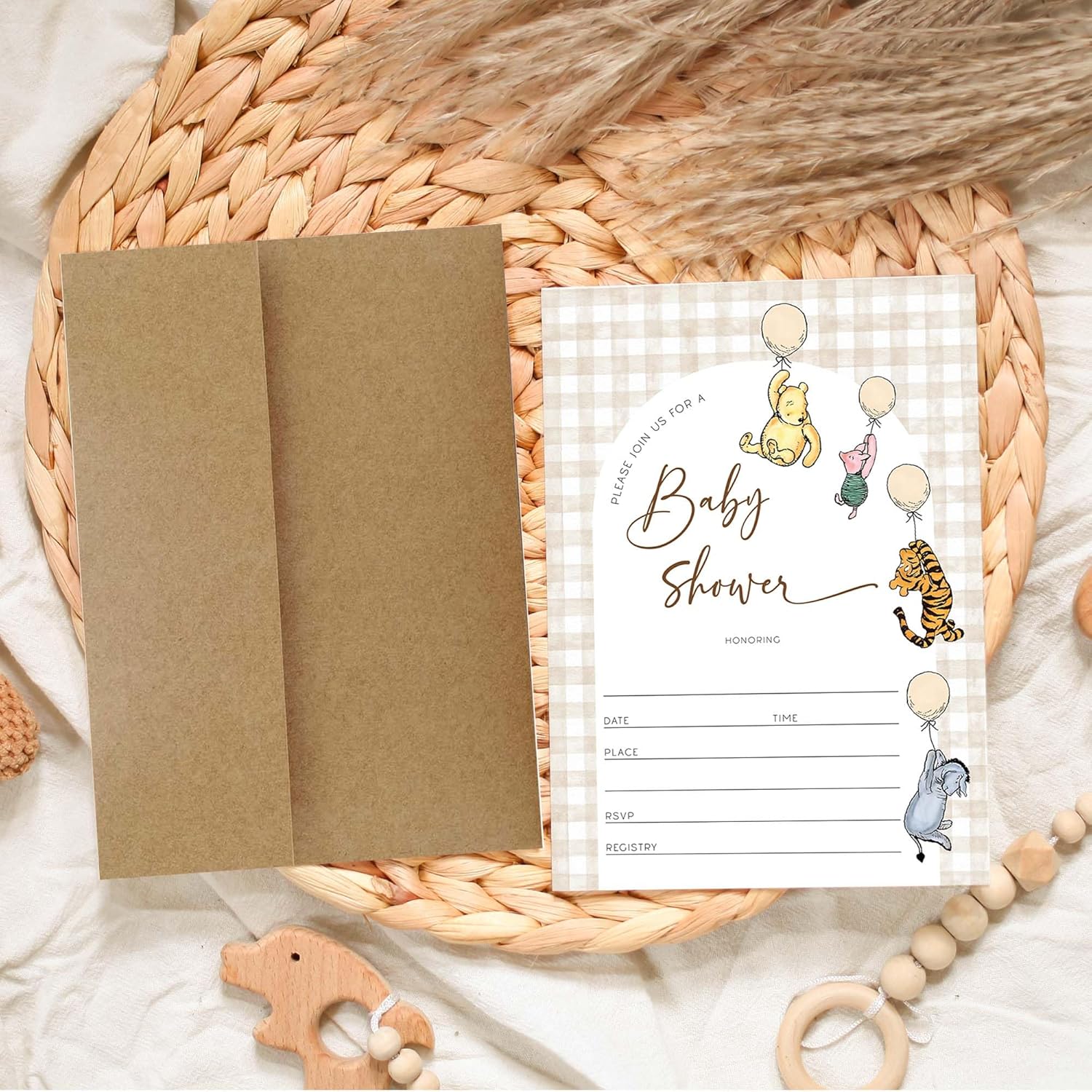 Set of 20 Classic Winnie Invitations Baby Shower Pooh Invitation Neutral Gender Bundle Pack Cute Addition for Boys Girls Include Diaper Raffle, Card Book for Baby Request, Thank you Card