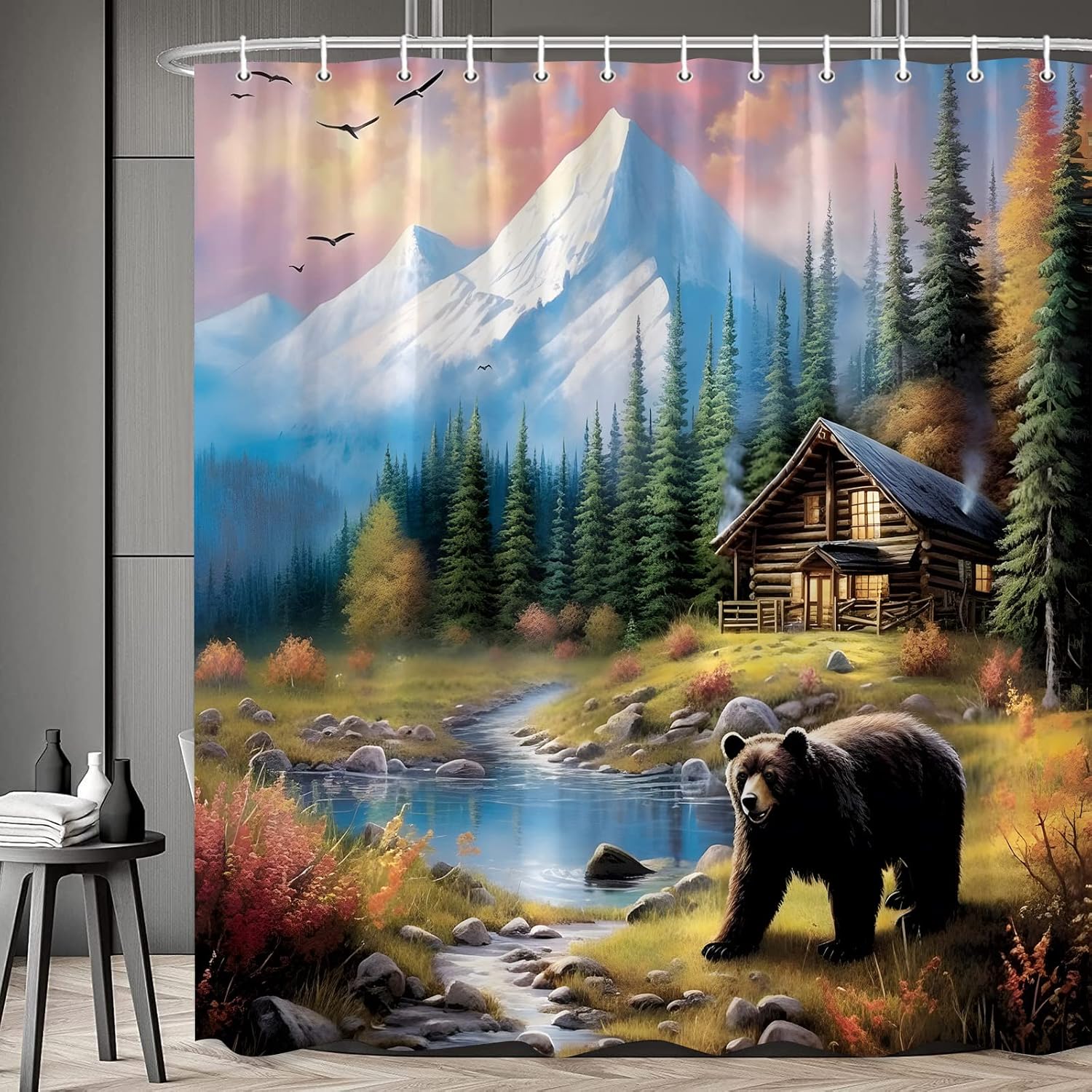 Bear Funny Shower Curtain Cabin Forest Mountain Autumn Fall Rustic Bathroom Curtains Wildlife Animal Stream River Country Lodge Farmhouse Bathtub Decor Include Hooks 108 x 70 in