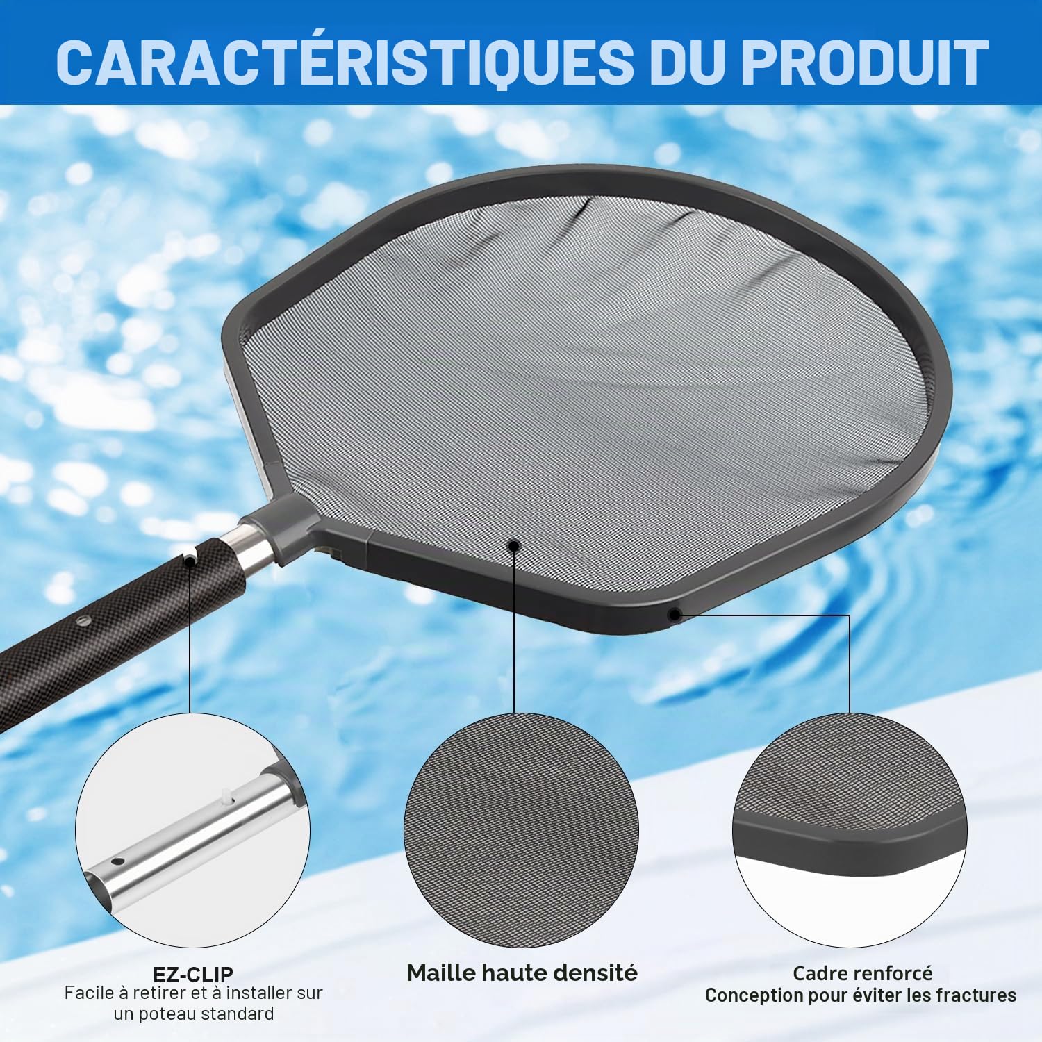 DOBEN Épuisette de Piscine, Skimmer avec Filet Ultra Fin, tête en Maille Compatible avec Les Barres télescopiques courantes, pour Piscine, étang, Aquariums