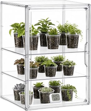HBlife Mini Greenhouse for Indoor, 3-Tier Clear Stackable Green House with Magnetic Door & Adjustable Dividers, Tabletop Portable Greenhouse for Small Plants Nursery Germination and Display, 1 Pack