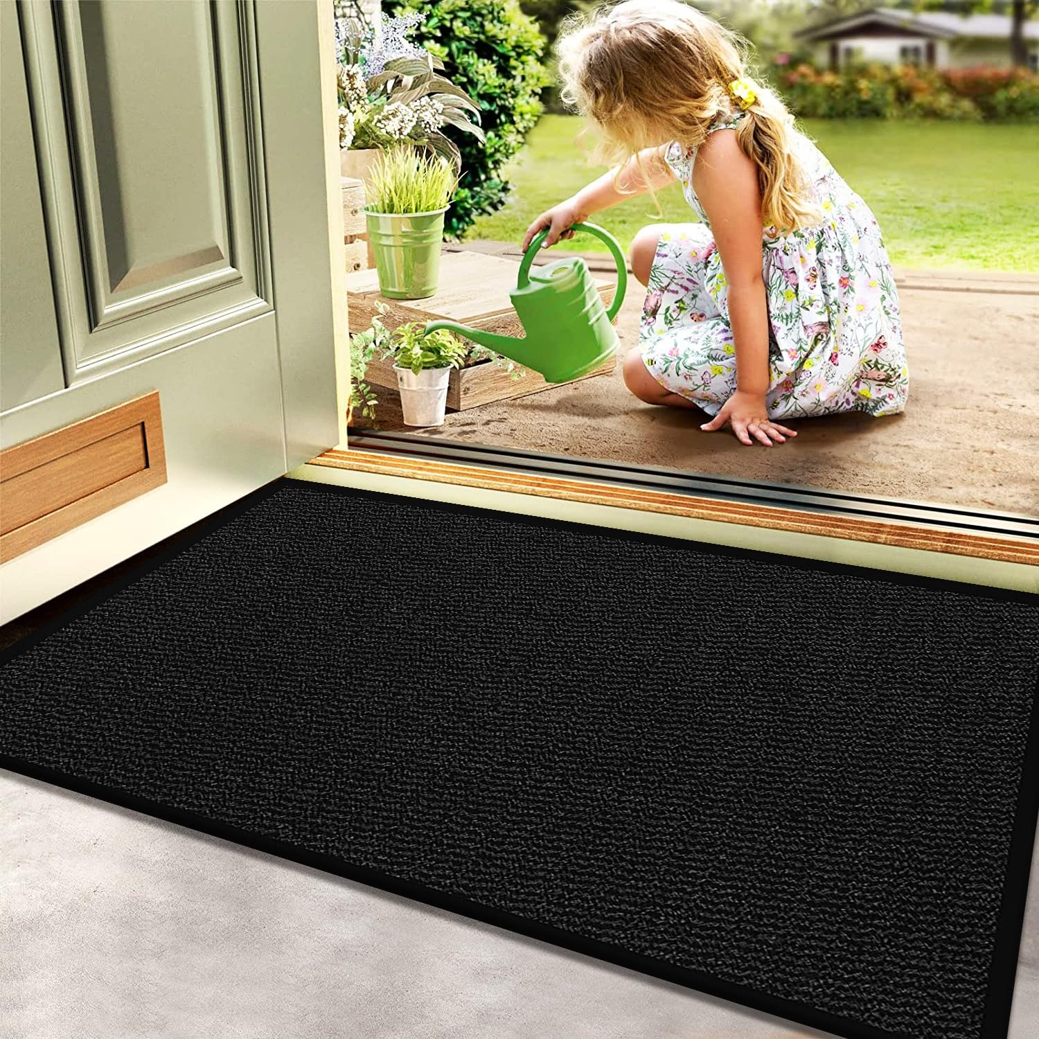 B&B Heavy Duty Rubber Door Mat Indoor & Outdoor Non Slip Small Large Rubber Backing Mats - Washable Kitchen Doormat Runner Rug for front Door Dirt Trapper (60 x 90 cm, Black) — image 1