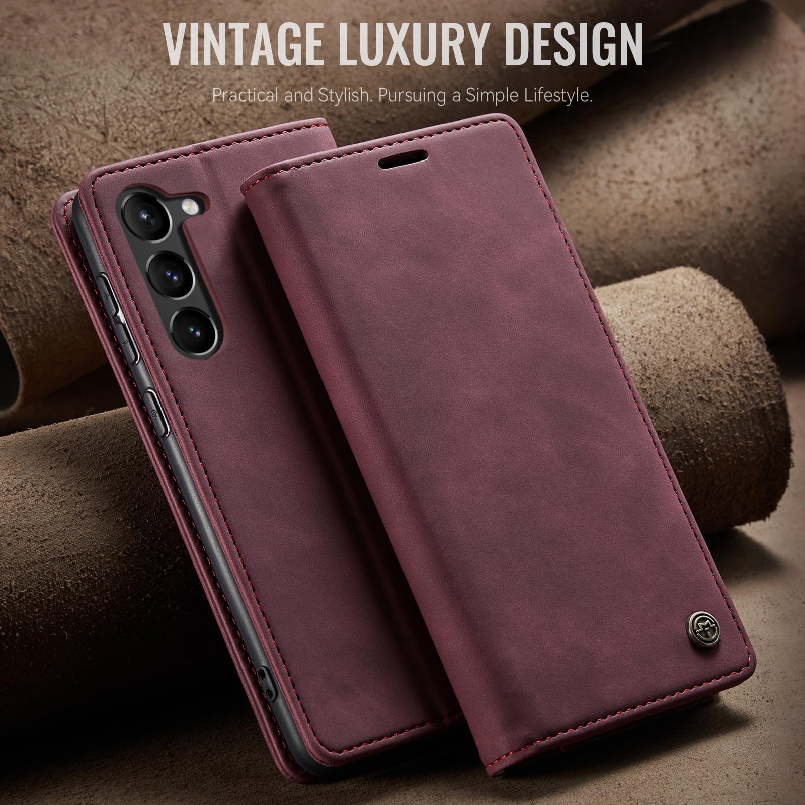 Samokor Cover per Samsung Galaxy S23 5G Pelle Flip Custodia Cavalletto Portafoglio Magnetica Carta Fessura Antiurto per Samsung Galaxy S23,Vino Rosso