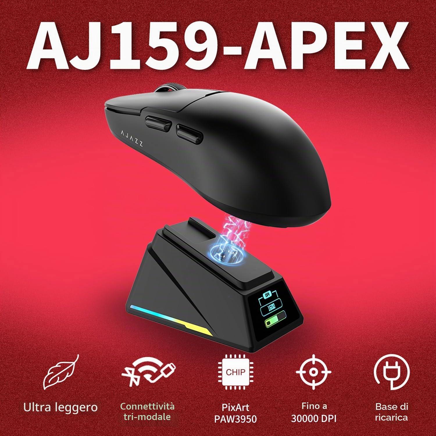 AJAZZ AJ159 APEX Wireless Gaming Mouse with RGB Magnetic Charging Base, Lightweight 56 Gram Design, 2.4G/USB-C/BT, 400 mAh Battery, 42K DPI, 8000Hz Response Rate, Compatible with PC and Mac, Black