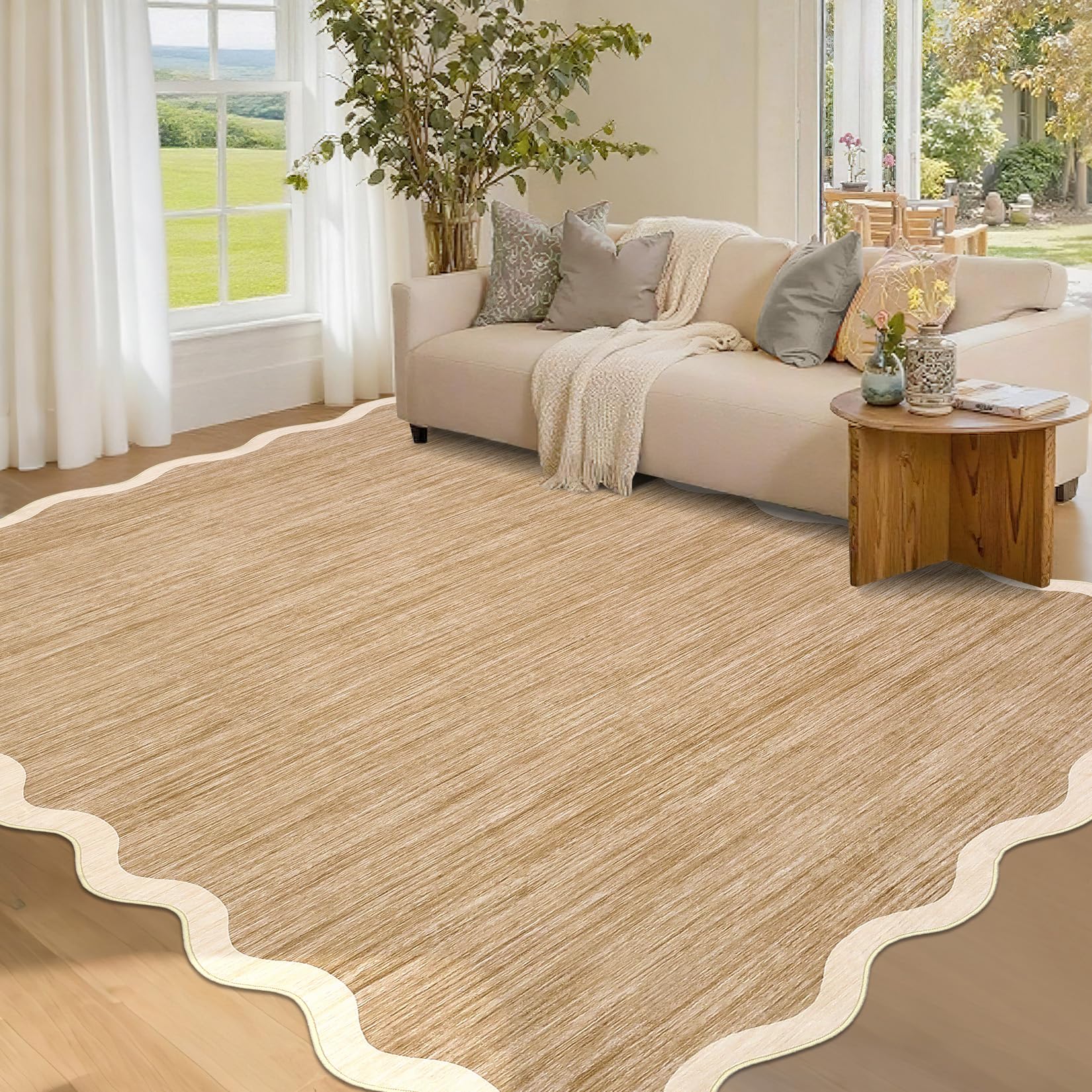 FairyStyle Modern Bordered 200x290cm Area Rugs for Living Room Bedroom Soft Washable Large Bedroom Throw Carpet Non Slip Scalloped Solid Rugs for Dining Room Home Decor Office, Taupe/Beige — image 1