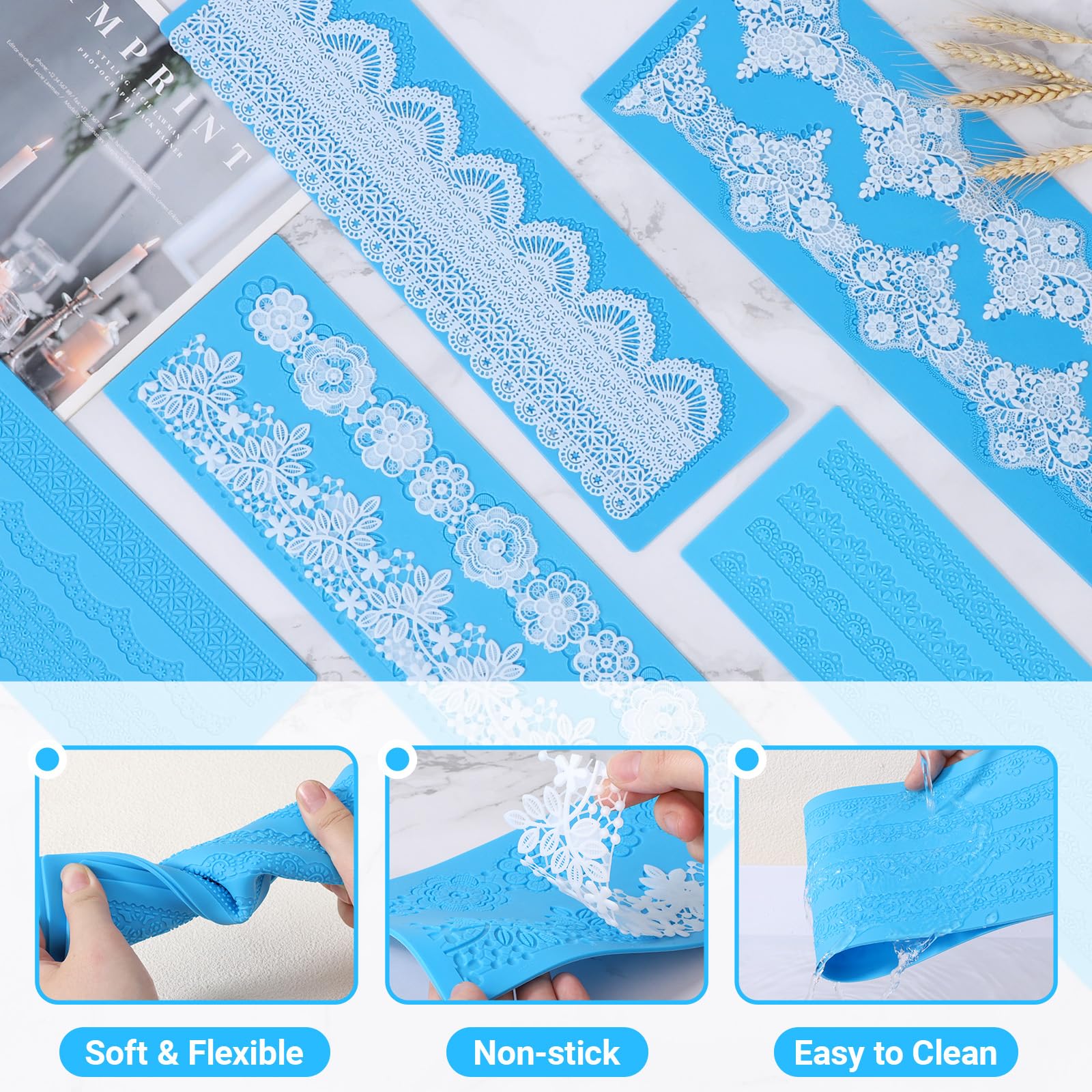 Beasea Silikon-Spitzenformen, 5 Stück, Spitzen-Fondant-Formen aus Silikon für die Herstellung von Kuchendekorationsmatten, verschiedene Musterformen für Party, Hochzeit, Kuchendekoration, Basteln, DIY