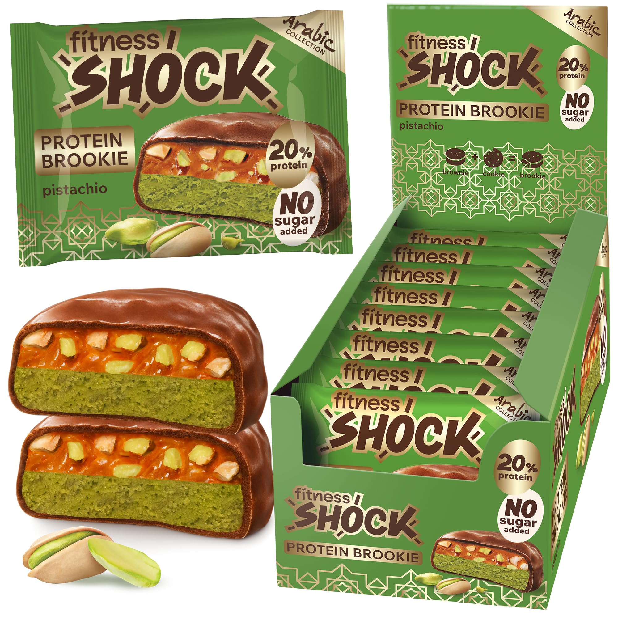 FitnesSHOCK Protein Cookie 10g Eiweiß | Low Carb 6g und Kalorienarm 170Kcal | ohne Zuckerzusatz | Ballaststoffreich | Pistazien Geschmack - 8 stk. 50g