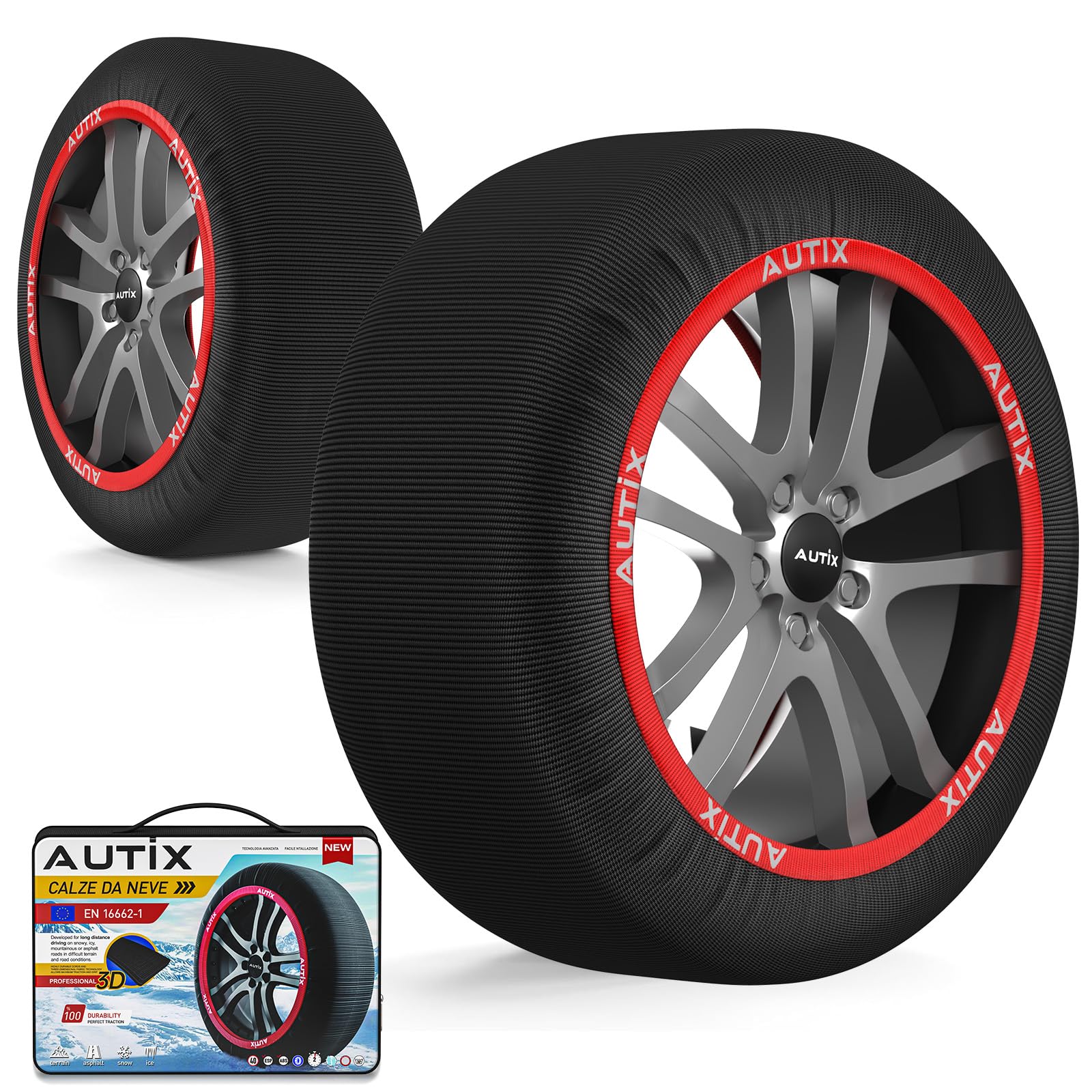 AUTIX Calze da Neve Omologate per Auto – Tessuto Rinforzato, Massima Aderenza su Ghiaccio e Neve, Omologazione Europea, Facili da Installare, Riutilizzabili(XL)