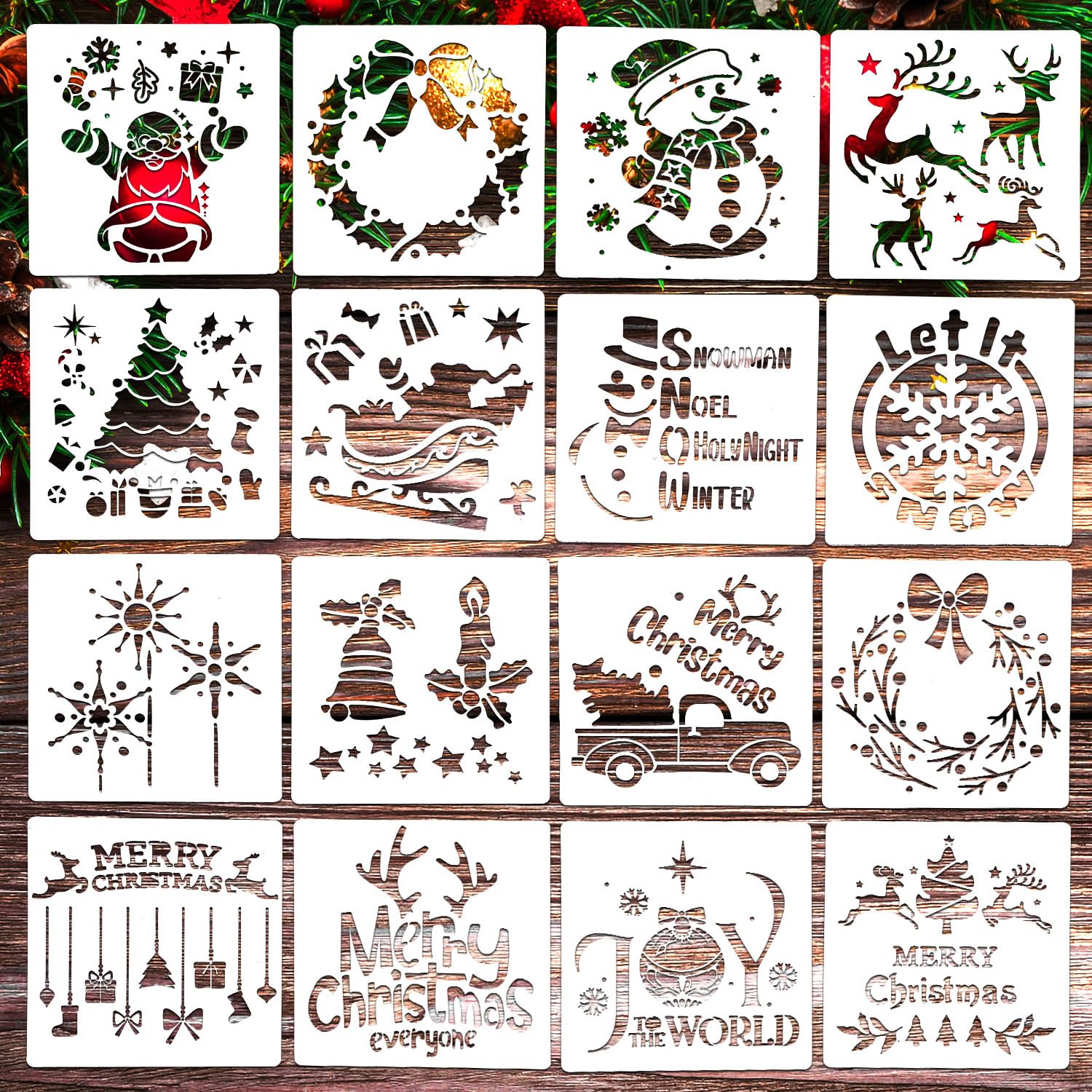 Pochoirs de Noël x16 pour peinture et scrapbooking créatif 15x15cm