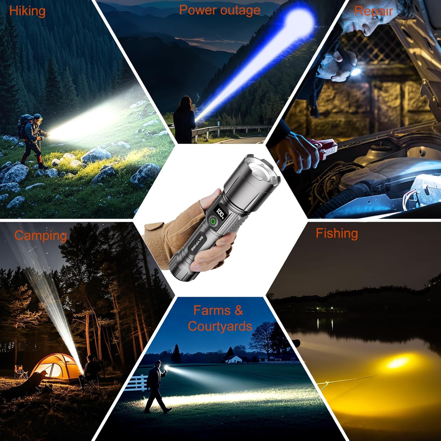 SKYFIRE LED Flashlights High Lumens with Digital Display&3 Color Lens,3000lm Super Bright Rechargeable Flashlight,5Modes&Zoomable,Waterproof Tactical Flash Light for Camping,Emergency&Gift-Upgraded - Image 9