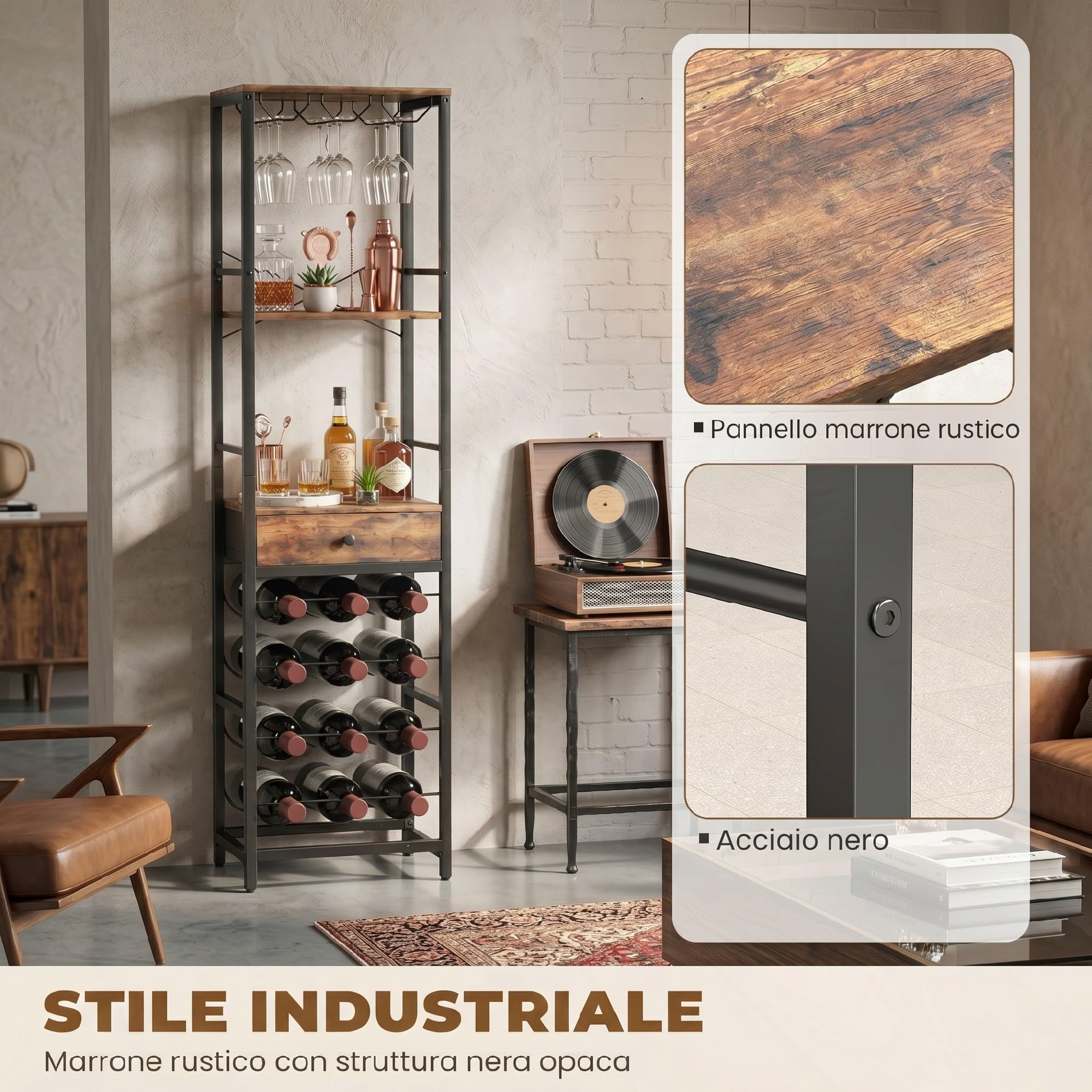 HOMCOM Portabottiglie Vino per 12 Bottiglie e Cassetto Marrone Rustico | Porta Bottiglie di Vino, Mensola Aperta, Design Industriale, per Cucina Soggiorno