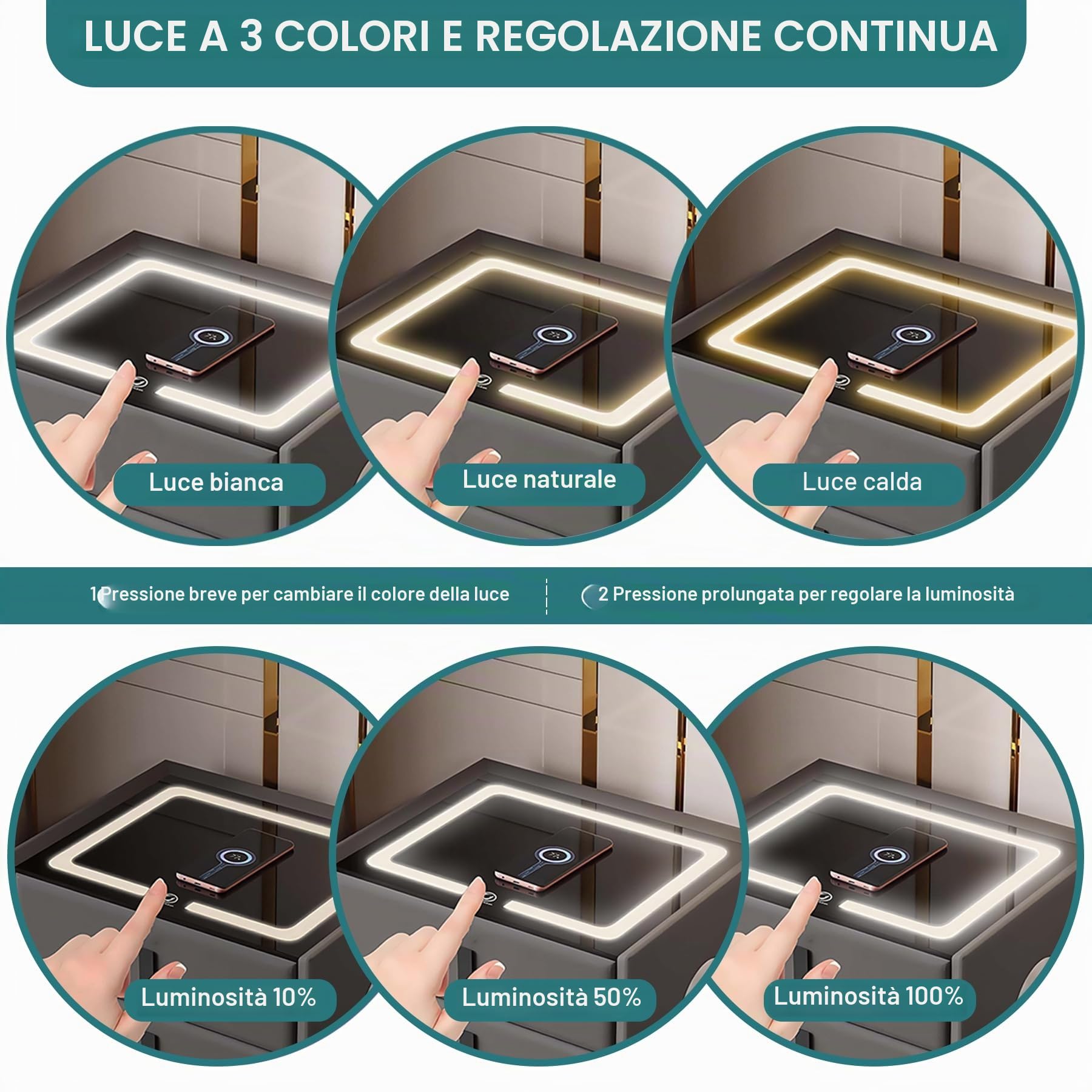 Juego 2 Mesitas Noche Modernas Pack con LED 3 Colores, Estación de Carga 4-en-1, Bluetooth+Sensor, Madera Maciza+Vidrio, 45x40x59cm, Gris Oscuro, per camera da letto
