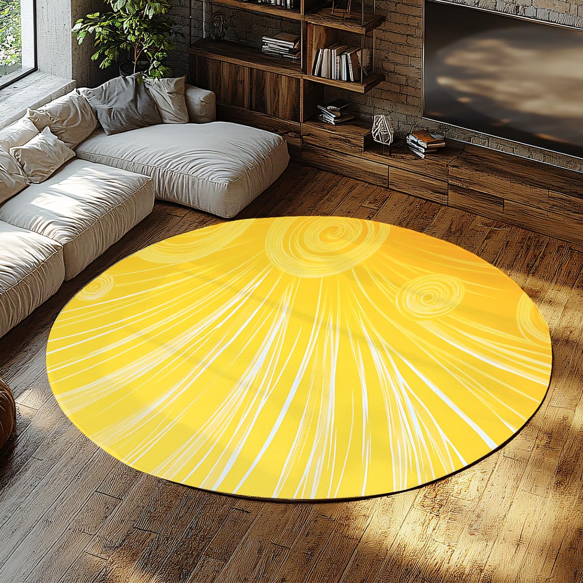 Tappeto tondo giallo caldo e brillante Linee a irradiazione e motivi a spirale Tappeto a pelo basso per soggiorno Camera da letto Nursery Appartamento 200x200cm