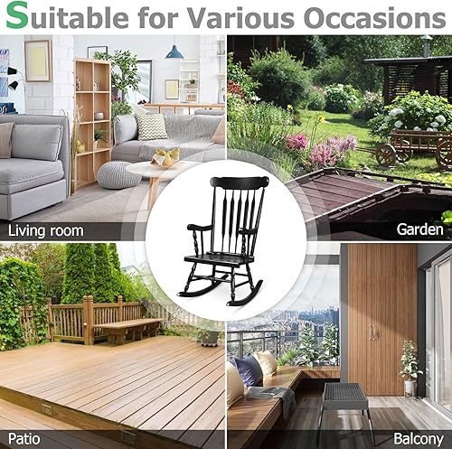 Miniatura 9 de Tangkula Mecedora de patio de madera maciza silla mecedora de porche al aire libre con marco de madera de goma silla mecedora de madera para