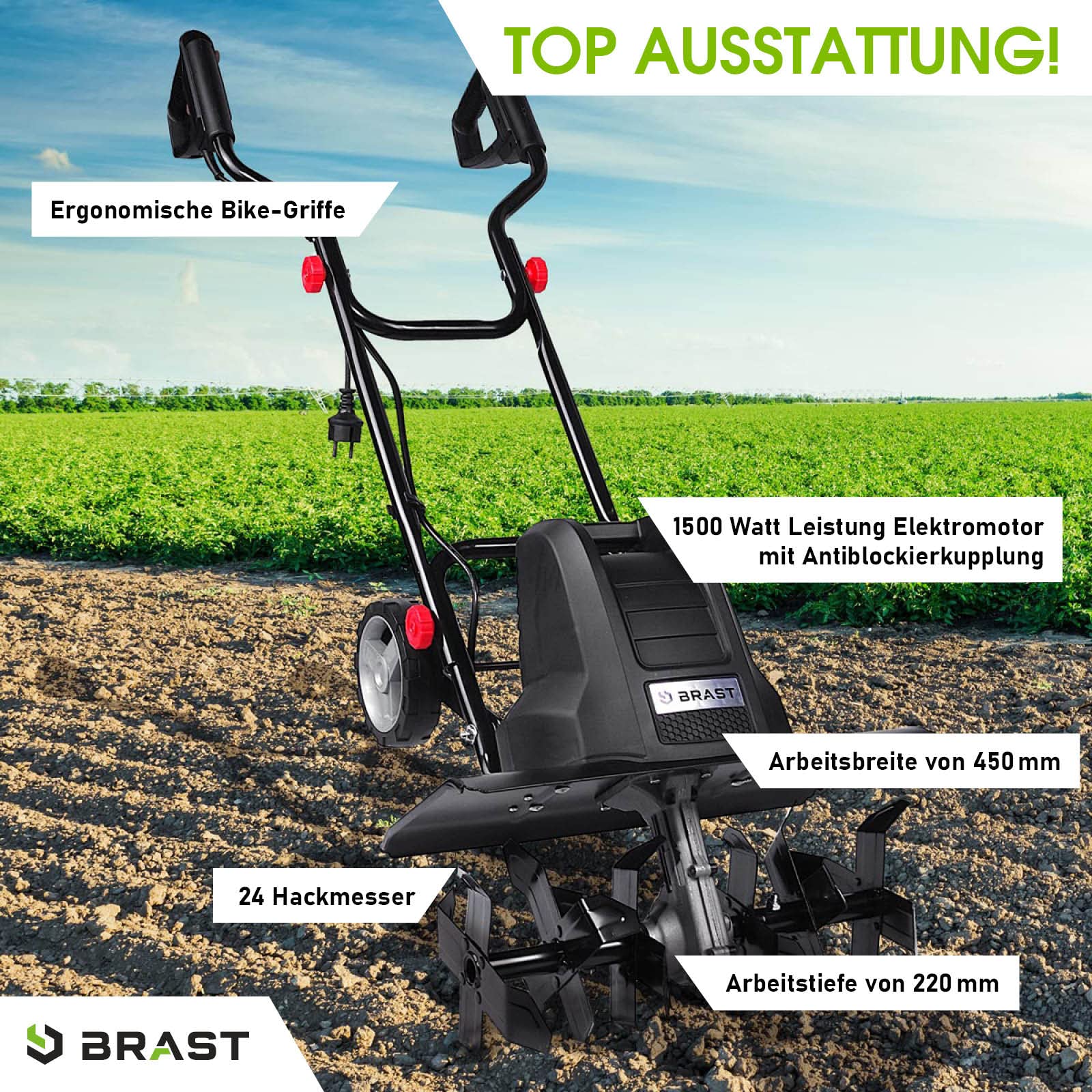 BRAST Motorhacke Gartenfräse Elektro | 1050-1800 Watt | 36-45cm Arbeitsbreite | 4 Modelle | Schutzblech Antiblockierkupplung & Sicherheitsschalter | für kleine bis große Grundstücke | BRE-AF 1500