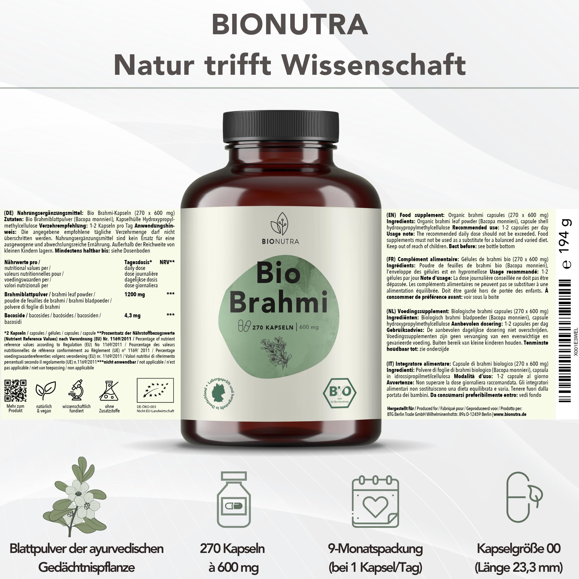 BIONUTRA Bio Brahmi Kapseln, 270 Stk. à 600 mg, hochdosiert | Bacopa monnieri, rückstandskontrolliert, ohne Zusätze, vegan, deutsche Herstellung aus Brahmi Bio Blattpulver