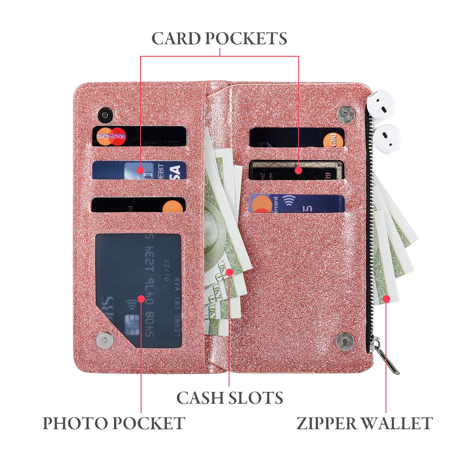 UEEBAI Custodia a portafoglio per iPhone 12 mini da 5,4 pollici, custodia in pelle PU glitterata di alta qualità, chiusura magnetica, tasca con cerniera, cavalletto e scomparti per carte di credito