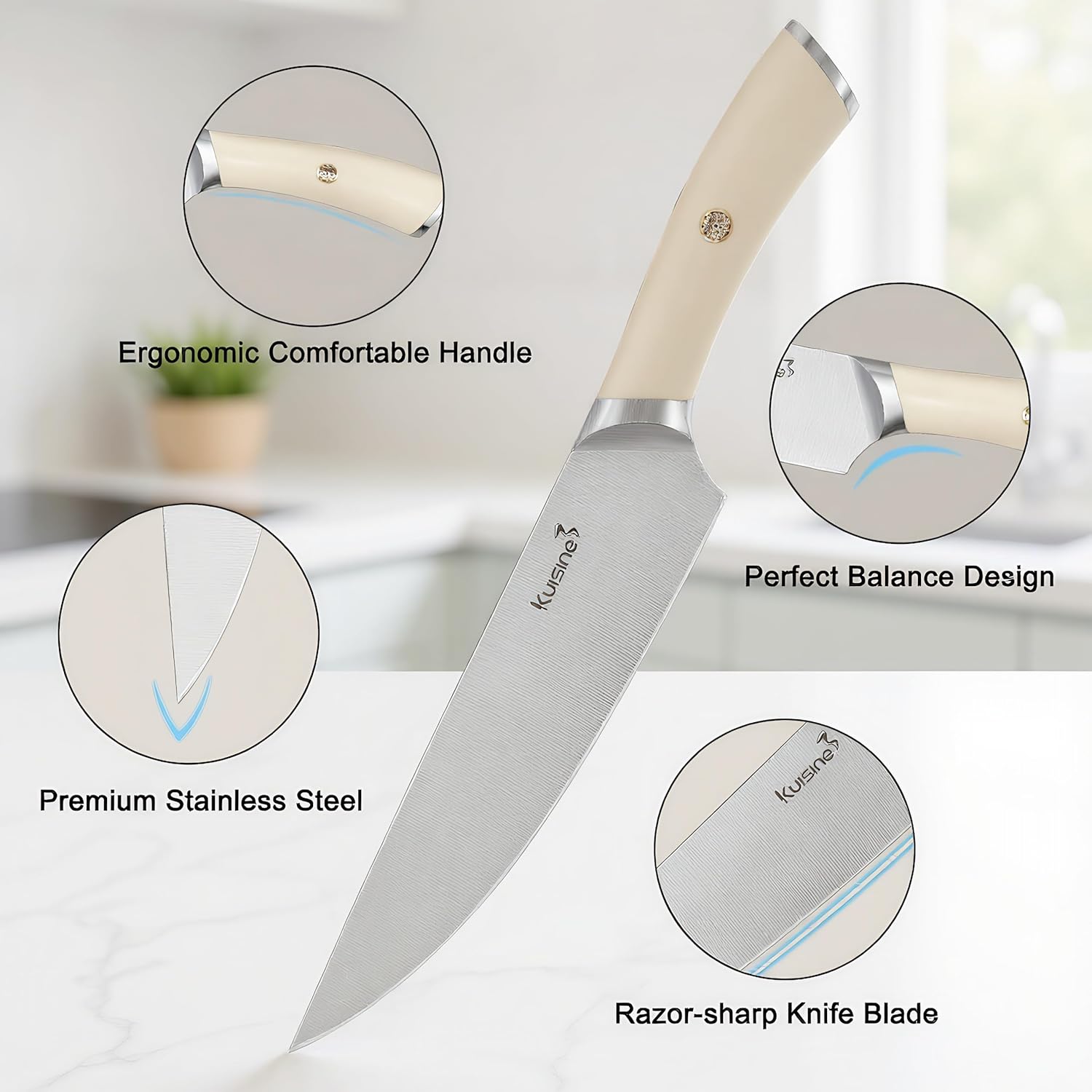 KUISINE Upgraded Knife Set High Carbon Stainless Steel Super Sharp Blade Ergonomic Rivet Handle,Knife Block Set with Built-in Sharpener(Ivory Acacia Pro,15PCS) - Image 4