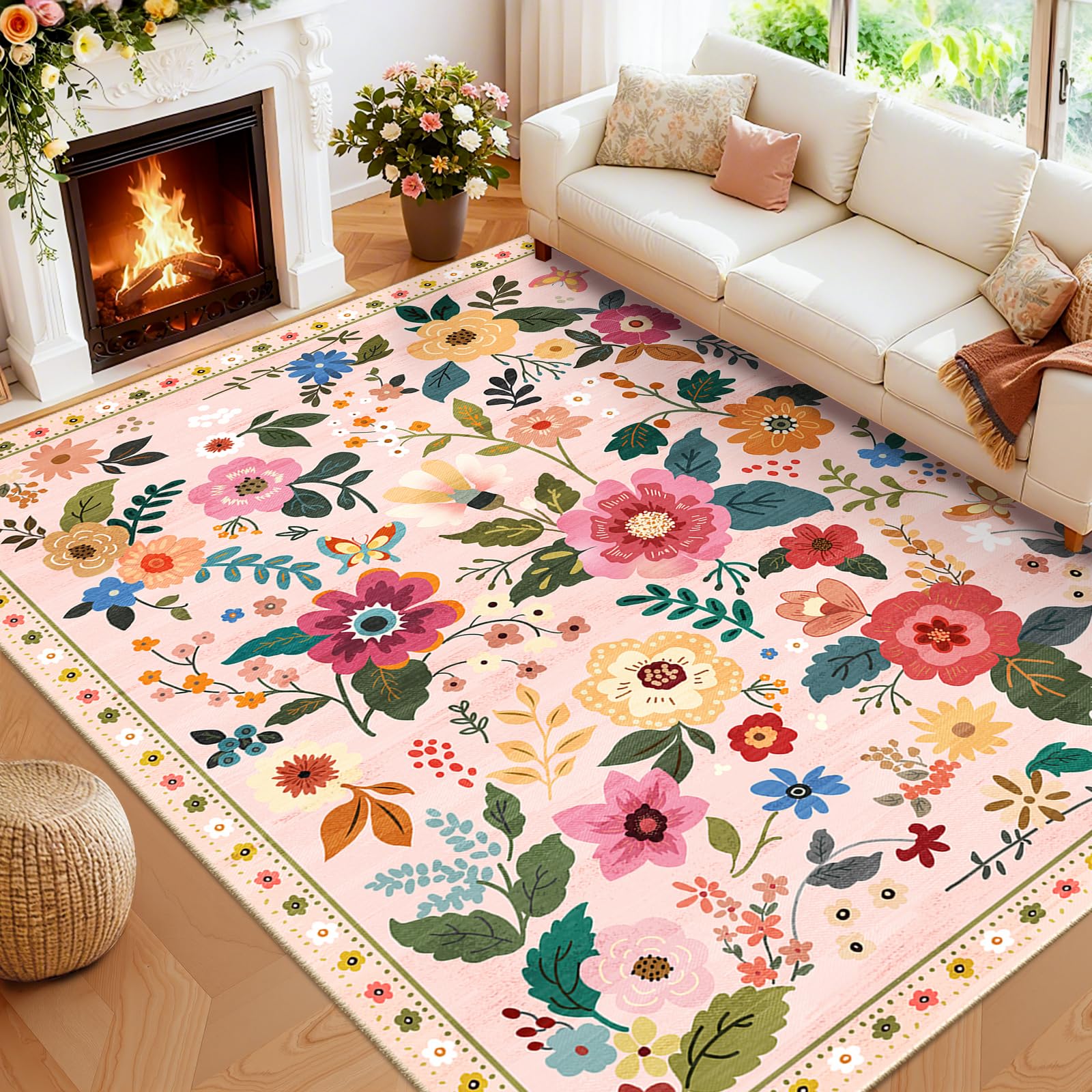 RELEANY Floral Nursery 8x10 Area Rugs Washable Print Boho Cute Carpet Non Slip Flower Low Pile for Living Room Kids Girls Playroom Bedroom Kitchen
