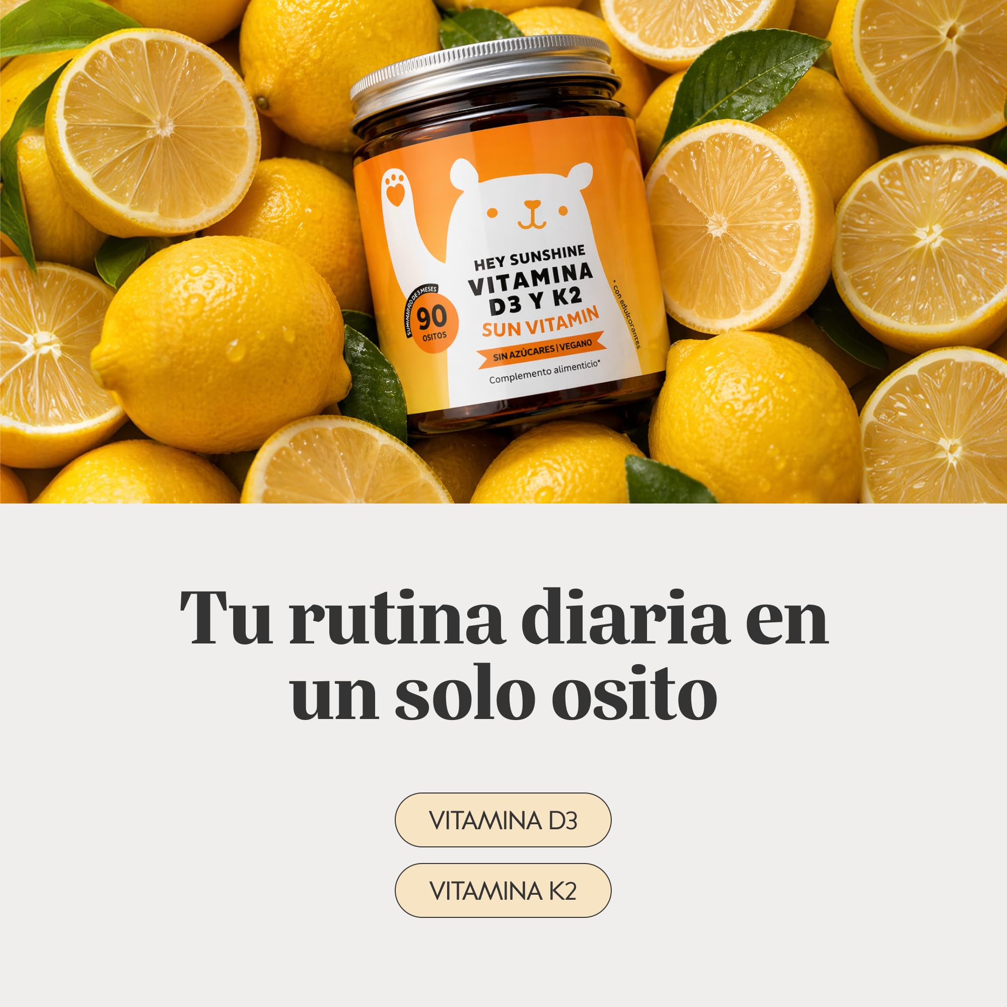 Vitamina D3 K2 - Hey Sunshine – Gominolas con vitamina D3 25 µg (1000 UI) y K2 – Función normal del sistema inmunitario – 90 unidades (3 meses) – Sin azúcar, Veganas – Bears with Benefits | Hey Sunshine Sun - Vitamina D3 25 µg (1000 UI) y K2 - Cuidado de
