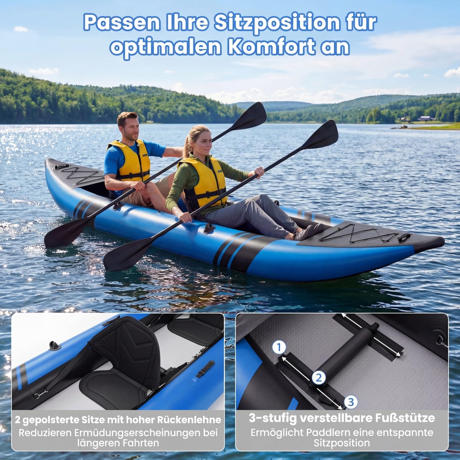 COSTWAY Kajak aufblasbar 2 Personen, aufblasbares Kanu mit Aluminiumrudern, gepolstertem Eva-Sitz, Handpumpe und Reparaturset, Schlauchboot mit Tragetasche, 230 kg Gewichtskapazität