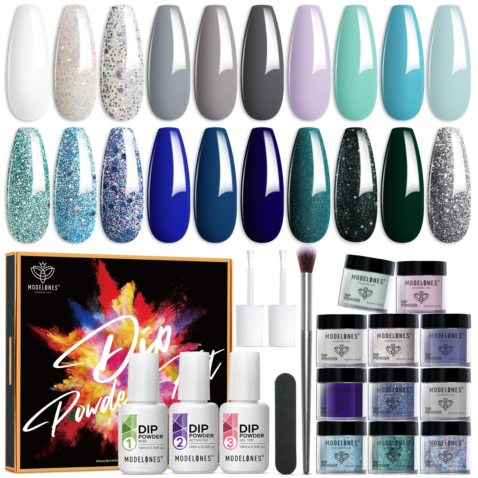 Amazon.com: Modelones 20 Colors Dip Powder Nail Kit Starter, 27 Pcs Blue  Acrylic Dipping Powder System Essential Liquid Set with Top/Base Coat  Activator Brush for French Nail Art Spring Summer Manicure DIY