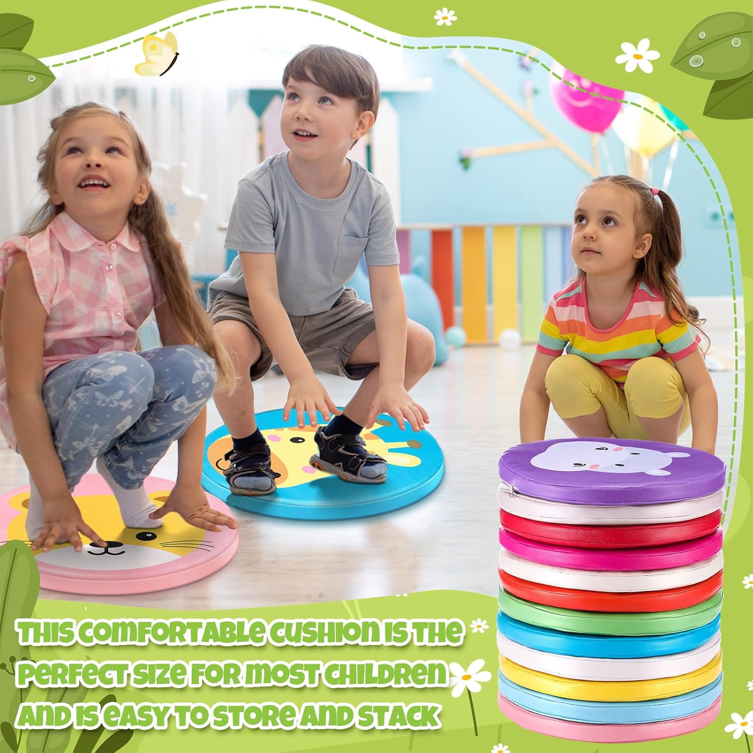 Suzile 12 Pcs Cartoon Kids Floor Cushions for Classroom, Round Flexible Seating with Handle, Soft Waterproof Floor Pillow with Cute Animals Patterns for Home Daycare Preschool Kindergarten, 12 Styles