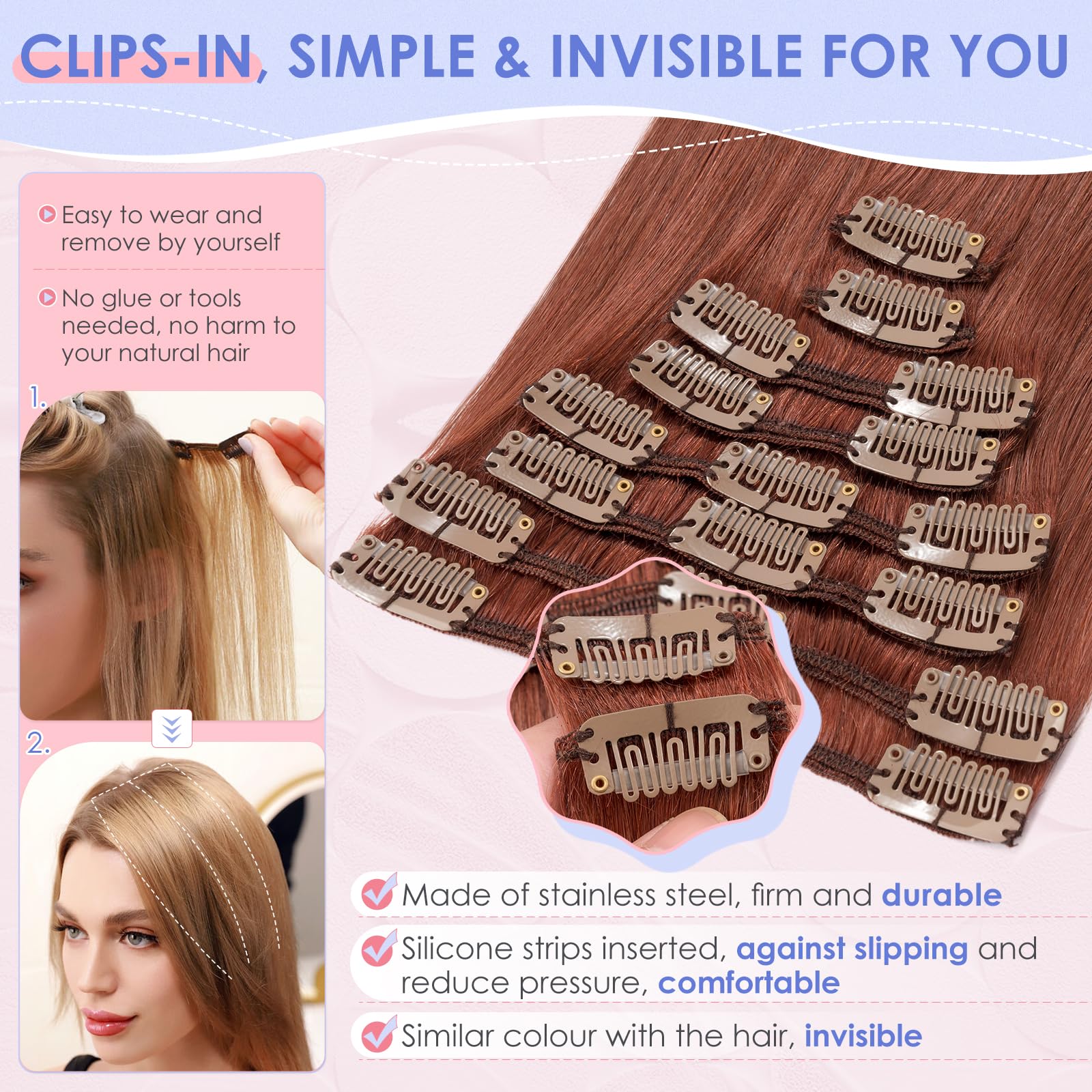 SLEEKALON Real Hair Extensions Clip in Human Hair Remy #33 Dark Auburn - 18 Inch 70 Gram 8 Pcs Invisible Full Head Weft Straight - Image 3