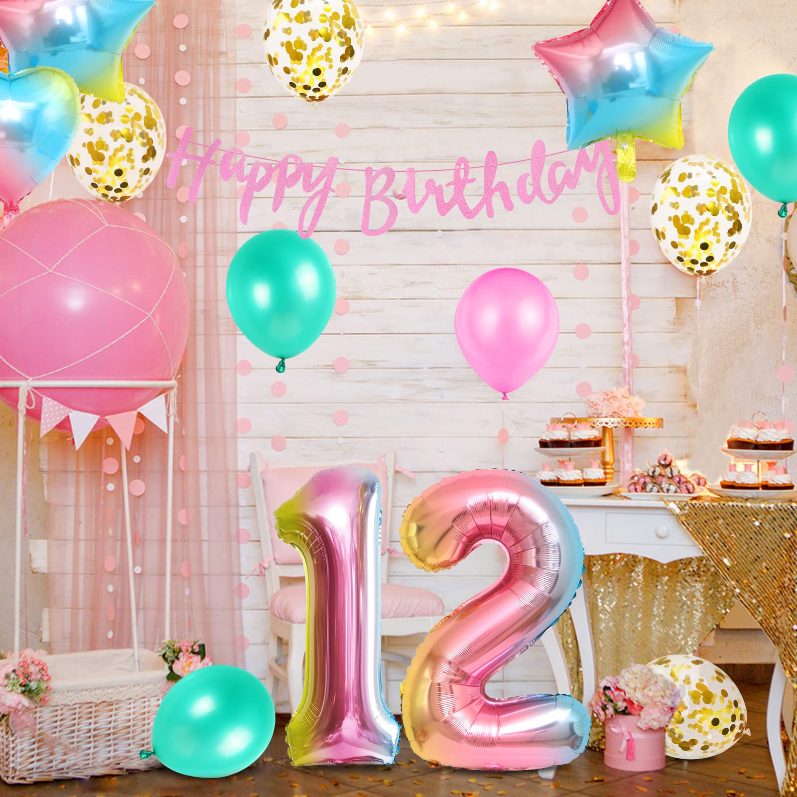 Conruich Ballon 12 Ans Anniversaire Fille,Decoration Anniversaire 12 Ans Garçon Fille,Decoration De Gâteau Toppers Happy 12th Birthday Bleu,Kit De