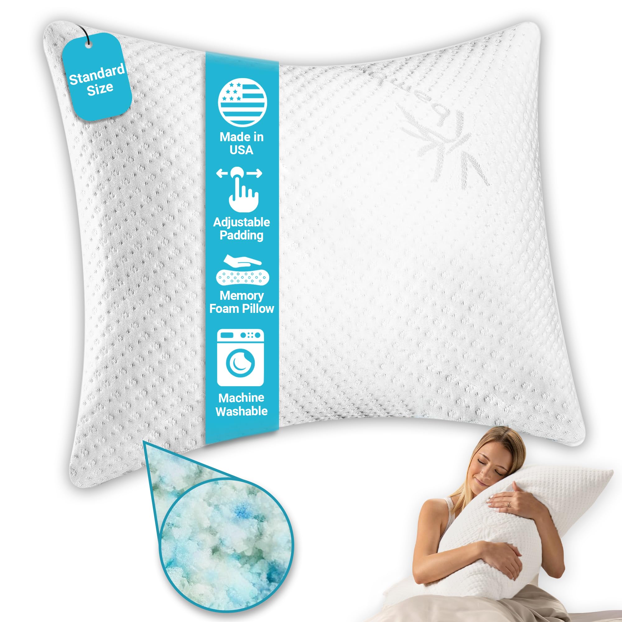Xtreme Comforts Standard Bed Pillow for Sleeping Adjustable Shredded Memory Foam Pillows with Removable Cooling Cover Fluffy Pillows