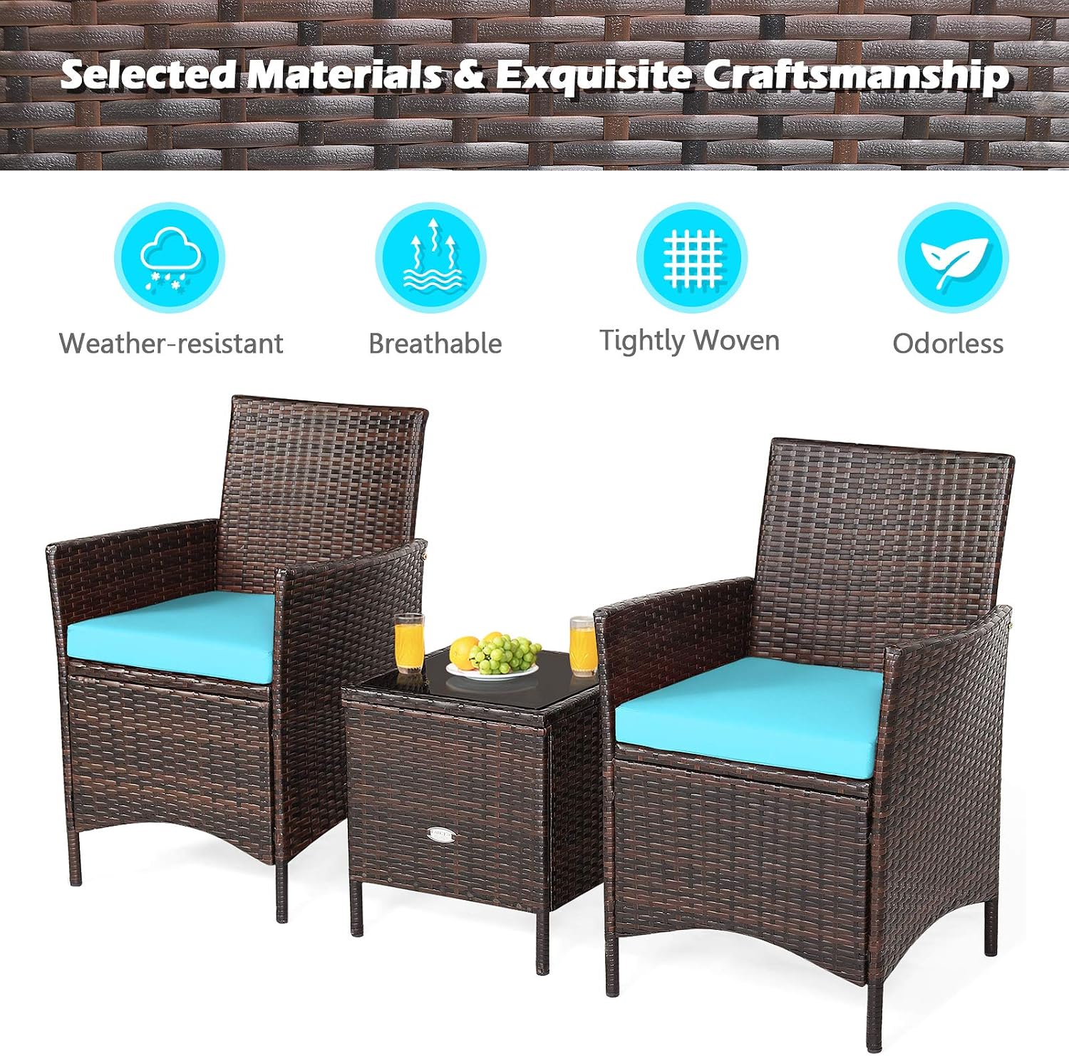 HAPPYGRILL 3PCS Patio Furniture Set Rattan Wicker Bistro Set with Glass Coffee Table and Cushions Outdoor Conversation Set for Garden Lawn Poolside Backyard