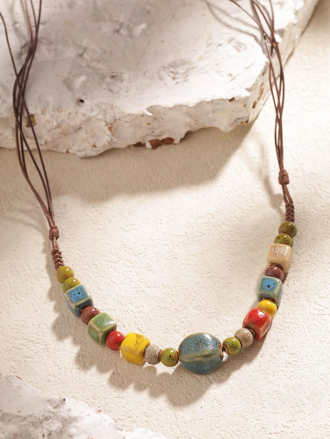 MINACHI Boho Multicolor Ceramic Bead Strand Necklace for Women, Vintage Bohemian Hippie Summer Jewelry Gift (MD0102)