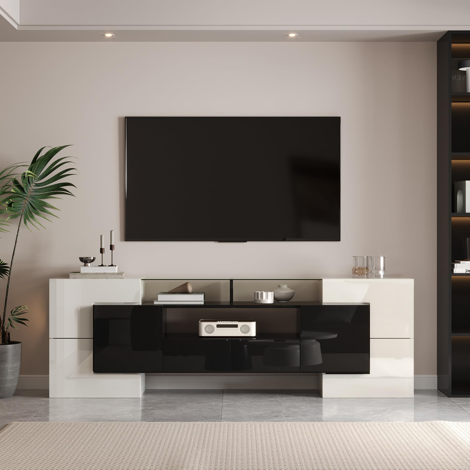 Lowboard per TV moderna, larghezza 200 cm, bianco lucido e grigio, con illuminazione LED RGB, 6 ante e 2 cassetti, armadietto multimediale (bianco+nero + MDF)