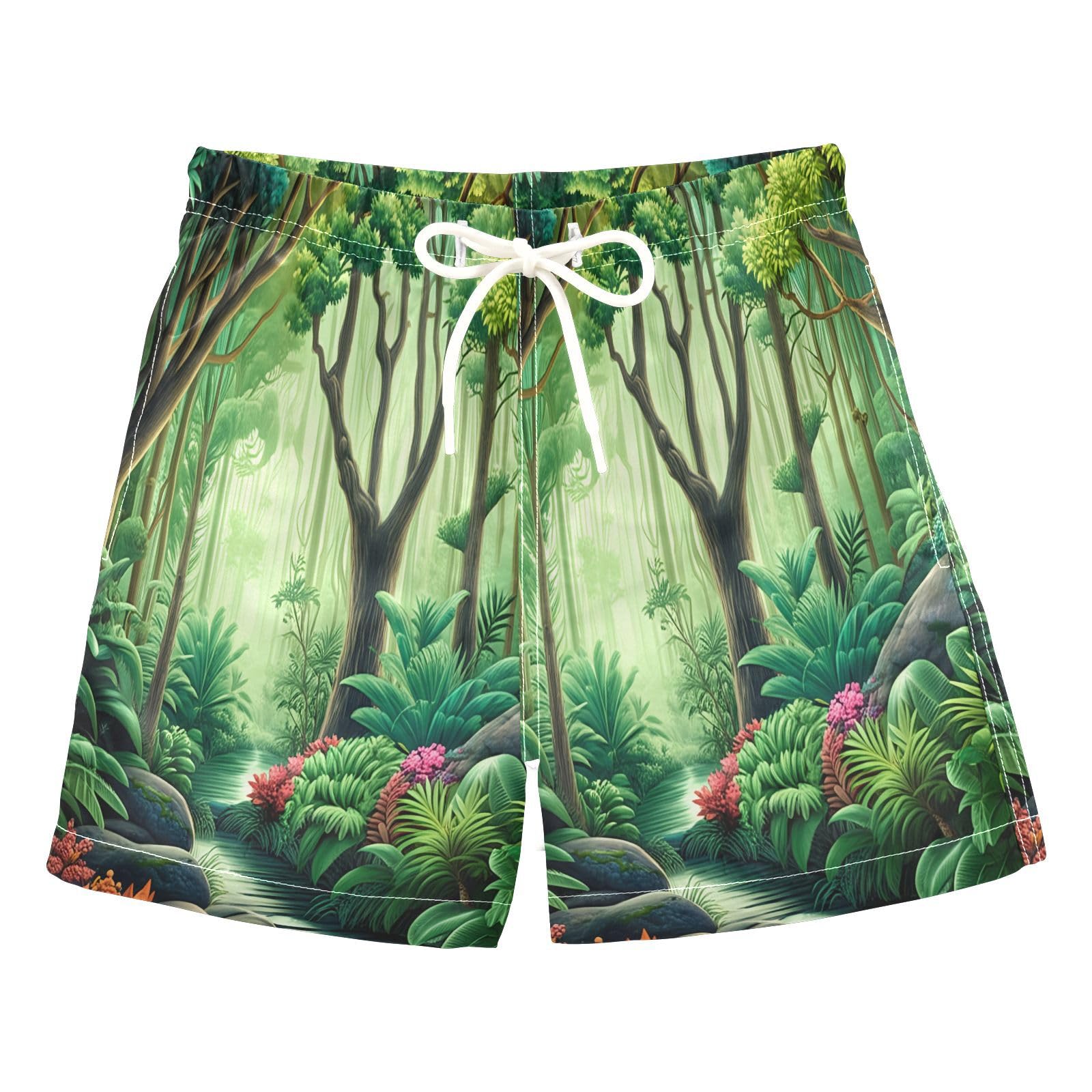 DOMIKING Jungle Stream Tropical Plants Boys Swim Shorts Quick Dry Swimsuit with Elastic Waistband for Boys Kids Adjustable Waist S