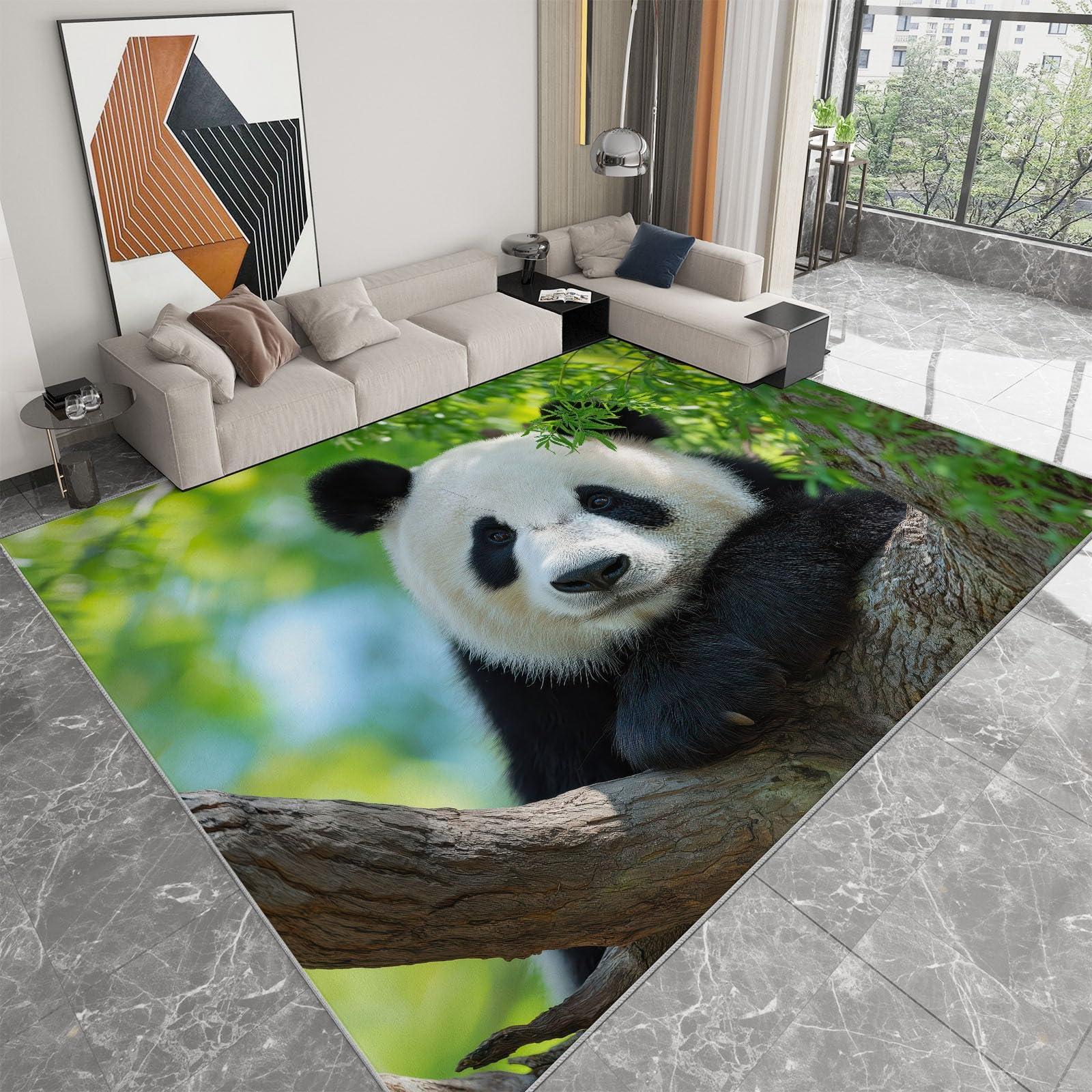 Generisch Panda miś portret, liście, las, łatwy w pielęgnacji, dywan z krótkim włosiem, zielony, 140 x 200 cm, nadaje się do prania w salonie i sypialni, antypoślizgowy spód, przyjazny dla zwierząt