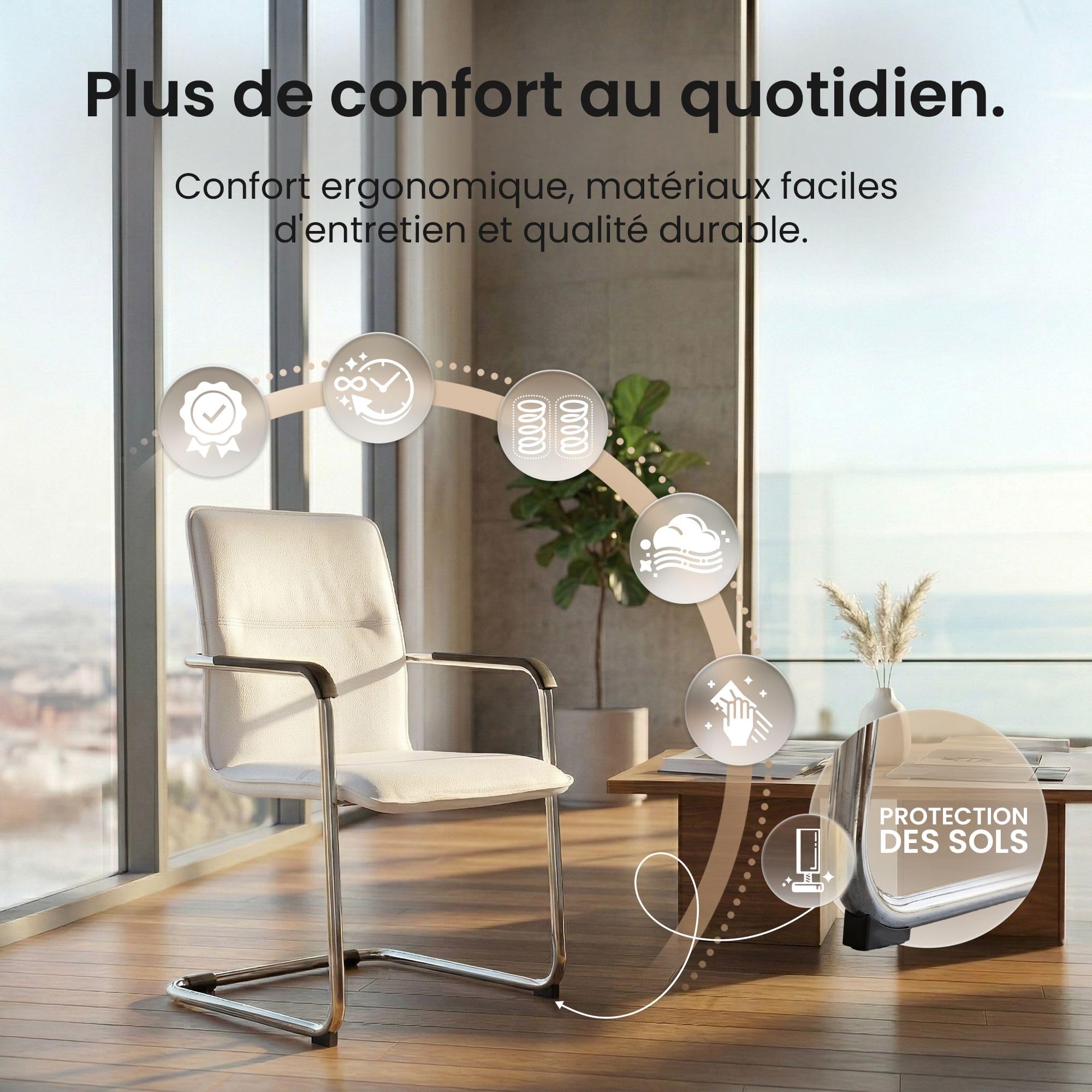 CLP Lot de 2 chaises Cantilever avec accoudoirs Seattle, chaises de Salle ŕ Manger Modernes rembourrées avec revętement en Simili-Cuir, Couleur:Blanc