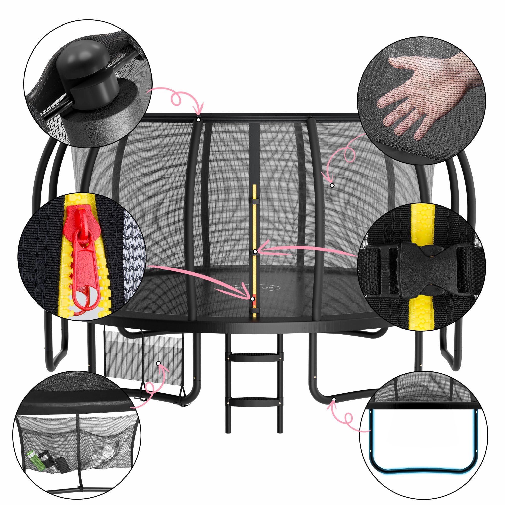Zelsius Trampolino elastico nero, diametro 427 cm, per uso esterno, per massimo 150 kg, con rete di sicurezza, scala e borsa per scarpe, per sport e tempo libero