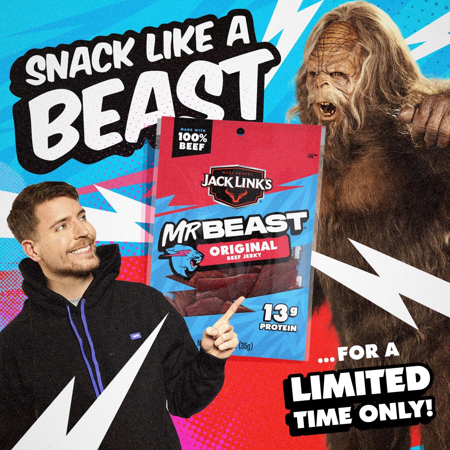 Jack Link's x MrBeast Original Beef Jerky - (10 Pack) 1.25 oz Bags - Ready to Eat Protein Snacks - 13g Protein per Serving - Made with 100% Real Beef