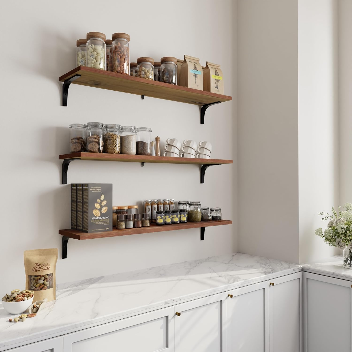 36 InchDeep Floating Shelves for Wall, Set of 3 Solid Pine Wood | Wall Mounted Shelves with L-Brackets, 12 Inch Deep Rustic Farmhouse Long Shelf for Bathroom Living Room Kitchen (Gray)