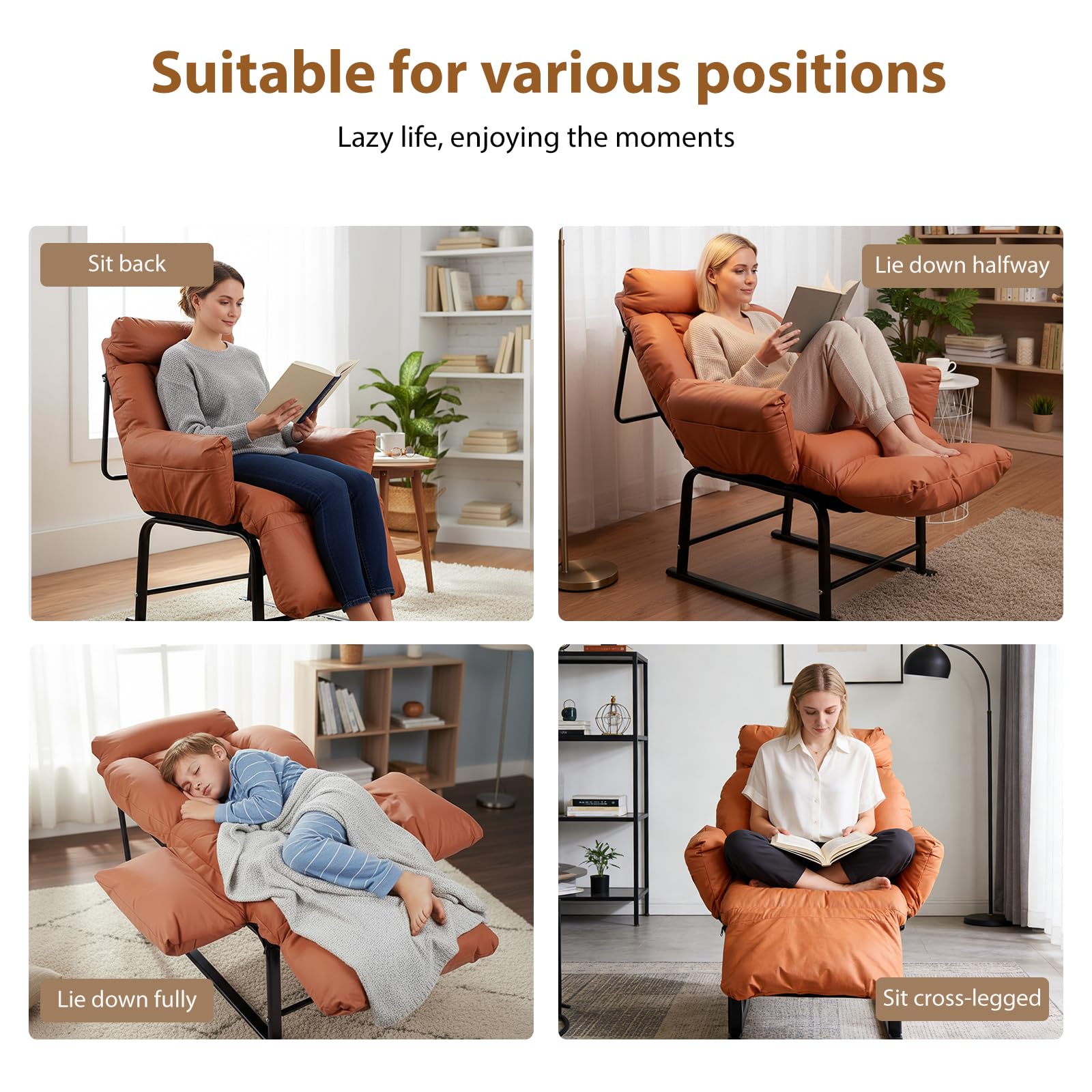 Fauteuil Relax, Dossier Inclinable 90°-180°, Cadre en Métal, Jusqu’à 150kg, pour Chambre d' Enfant Chambre à Coucher Salon Balcon,Orange